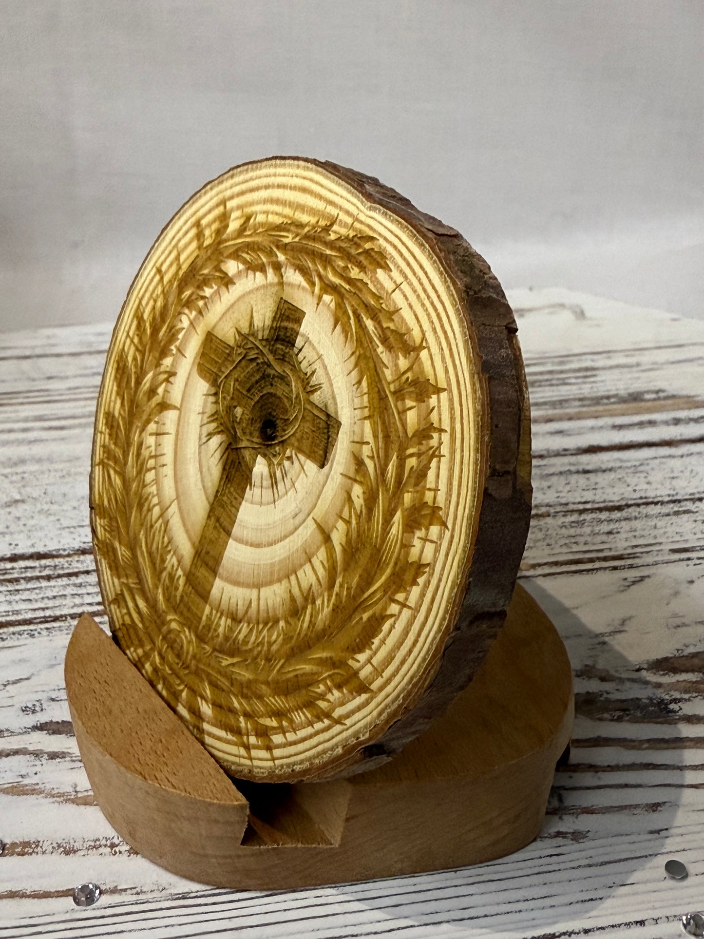 Crown of Thorns Cross – Laser Engraved Natural Wood Decor