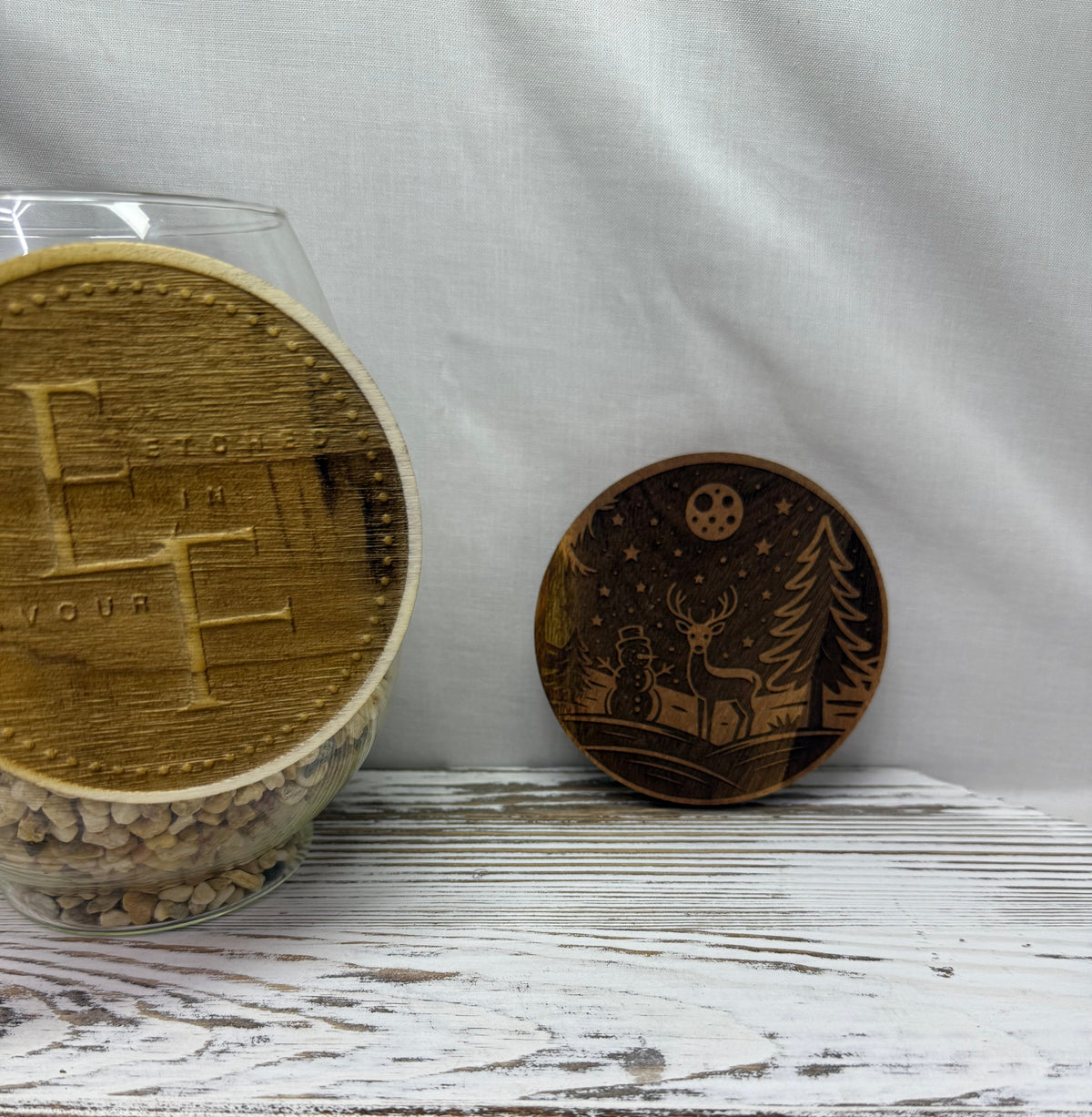 Snowman and Deer Acacia Wood Coaster