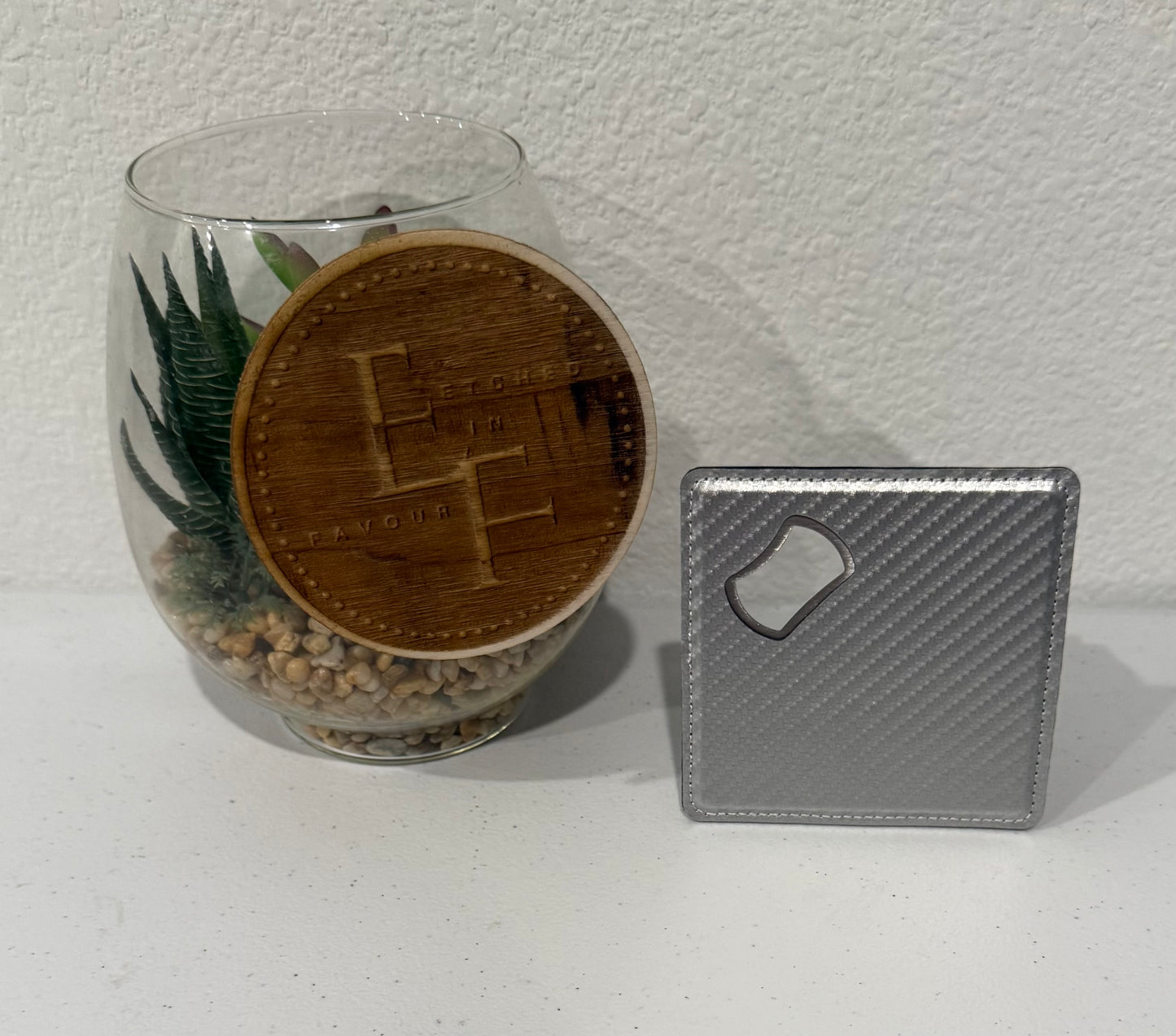 Custom Silver Carbon Leatherette Coaster/Bottle Opener