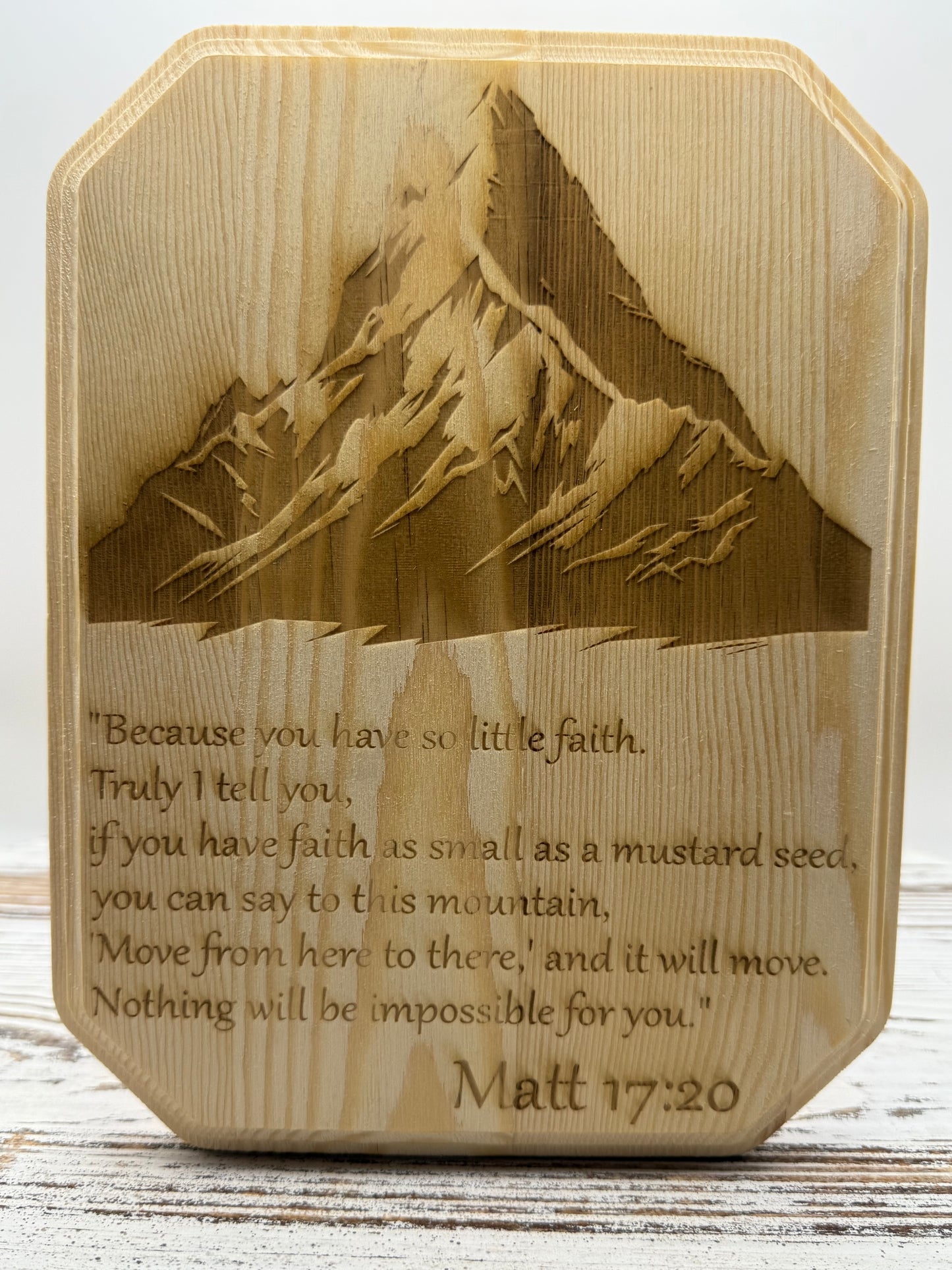 “Faith Can Move Mountains” Laser-Engraved Wood Plaque – Matthew 17:20