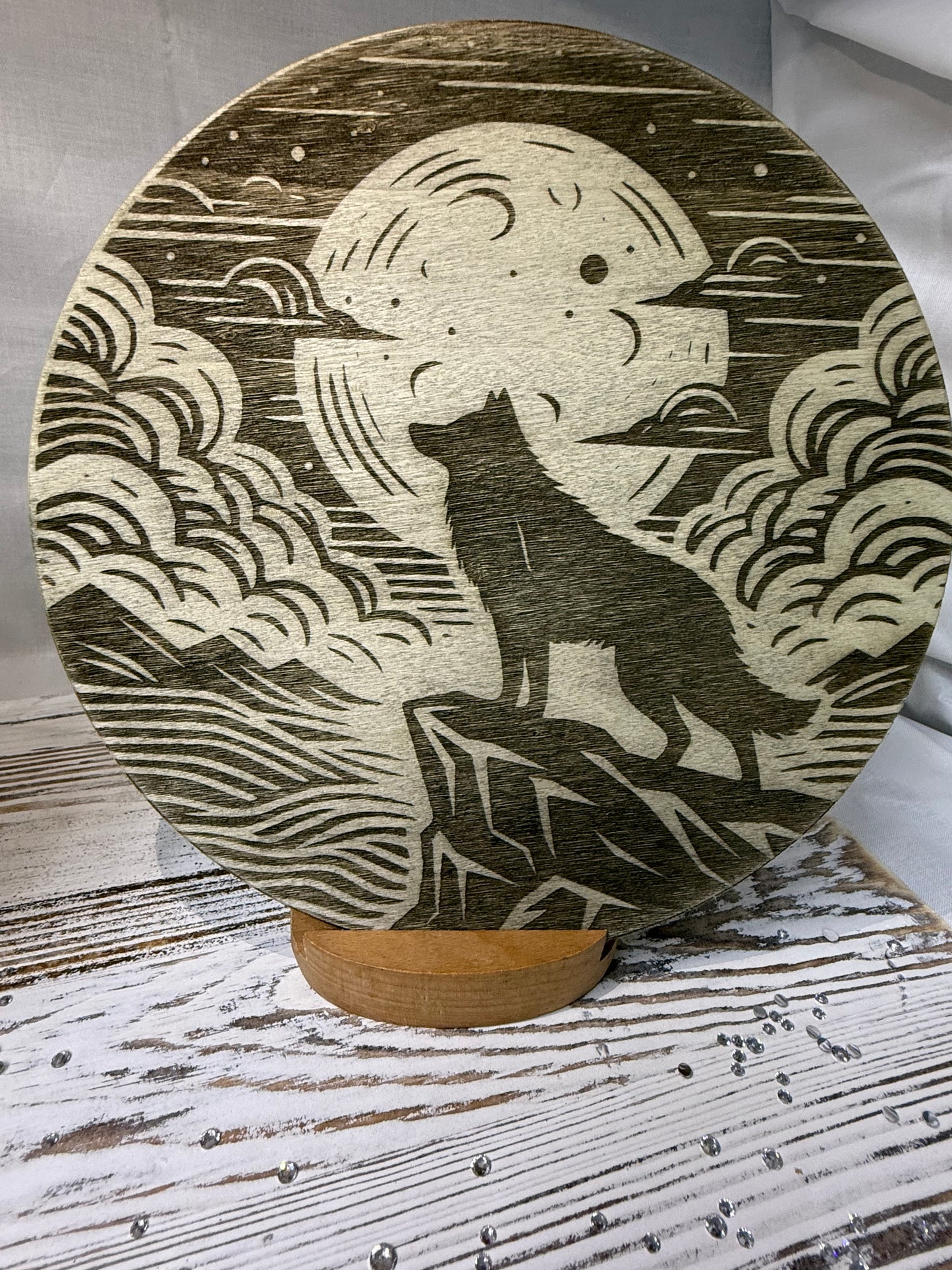 Wolf Moon Scene – Laser Engraved Round Wood