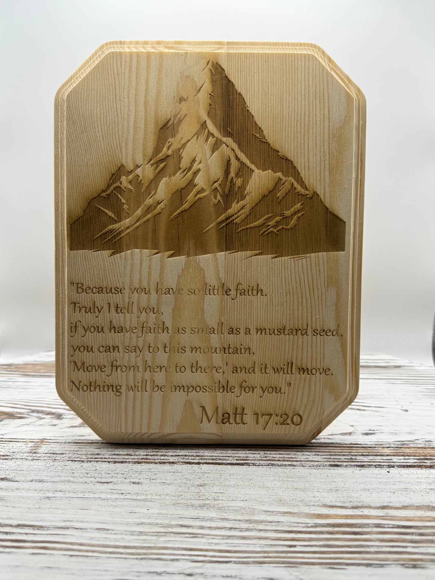 “Faith Can Move Mountains” Laser-Engraved Wood Plaque – Matthew 17:20