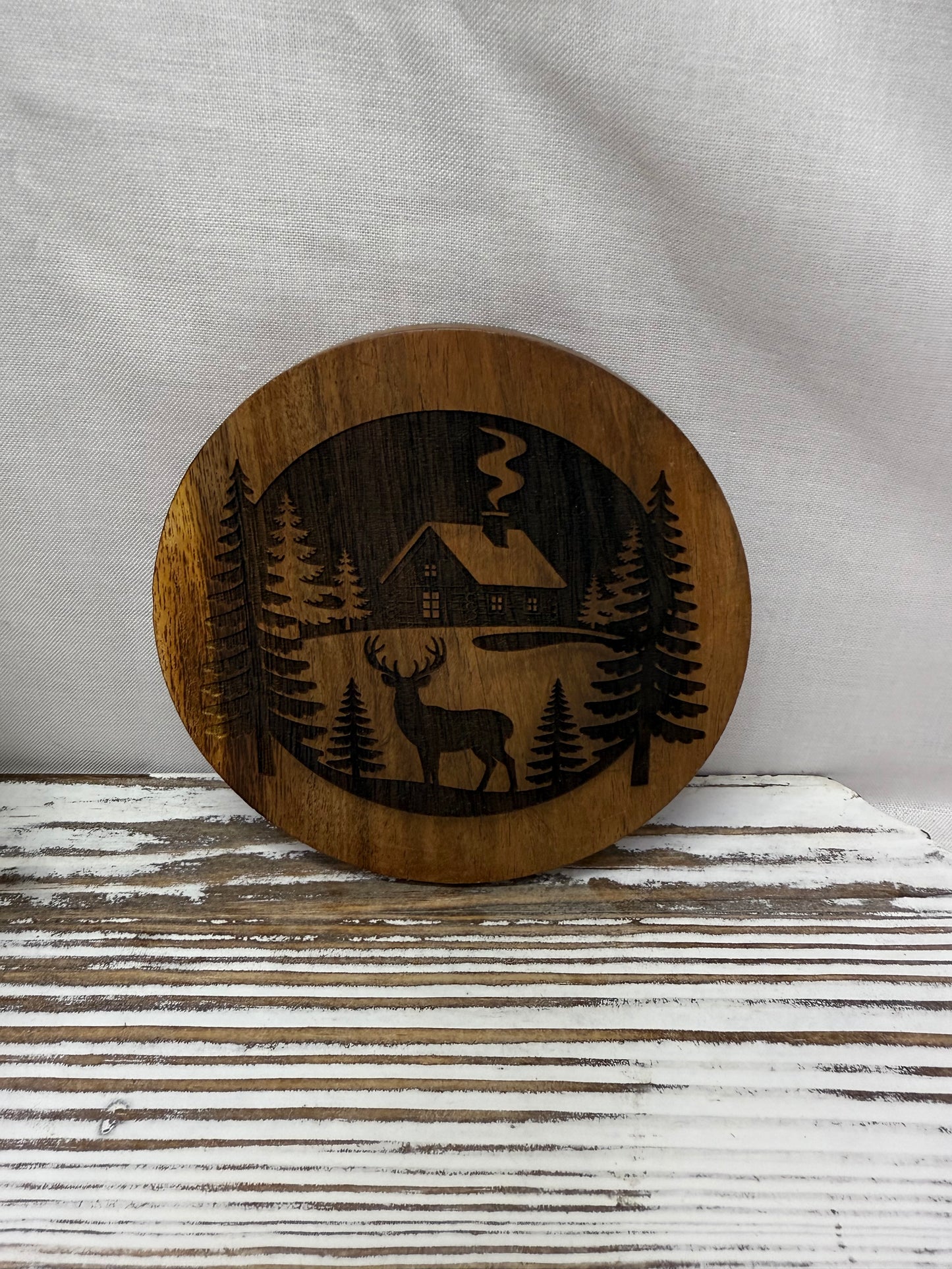 Deer and Snow-Capped Home Acacia Coaster