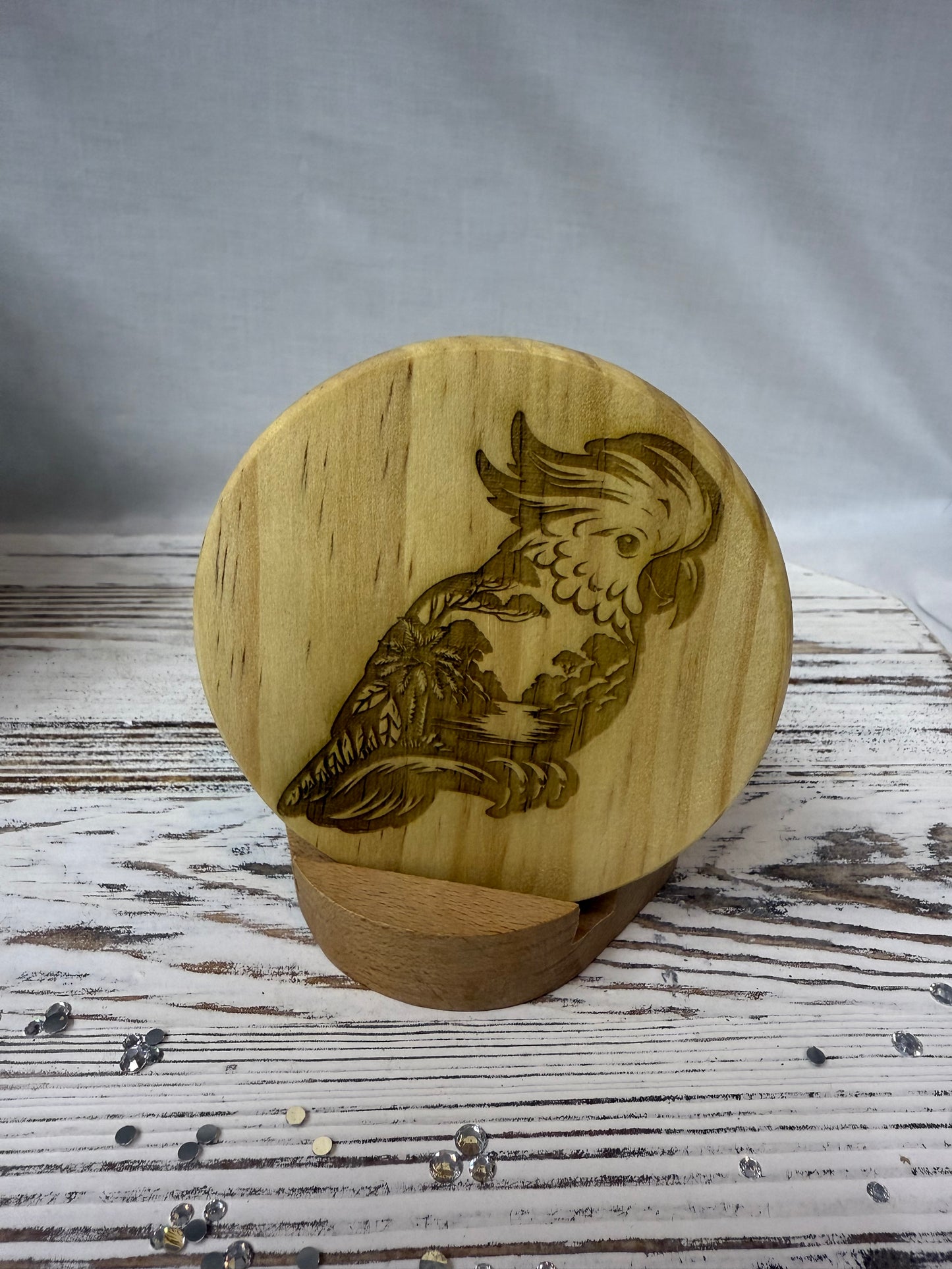 Cockatoo Laser Engraved Wood Coaster