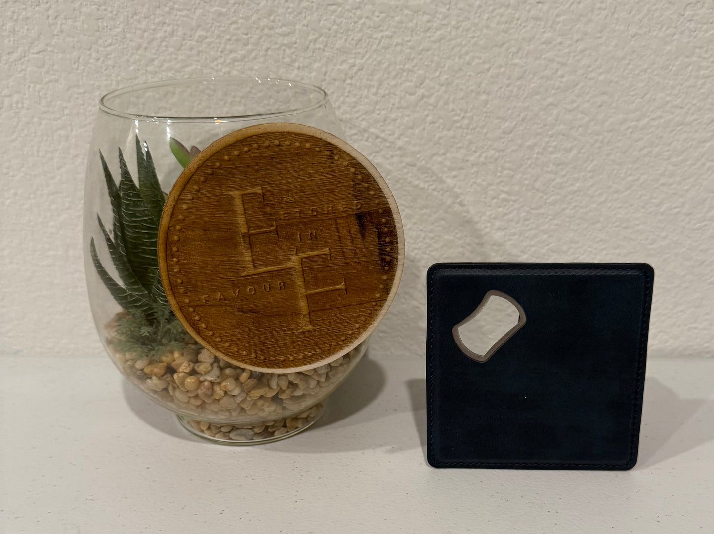 Custom Chocolate Blue Leatherette Coaster/Bottle Opener
