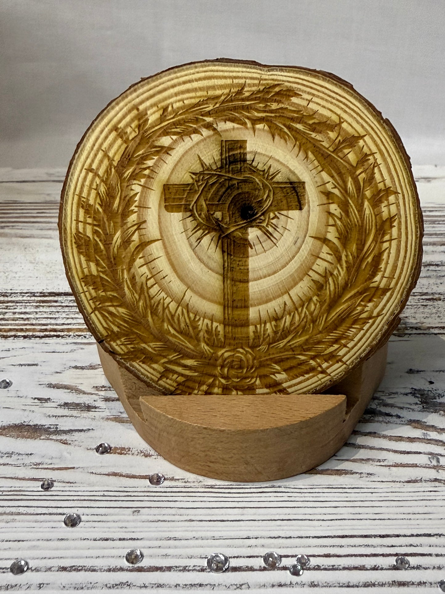 Crown of Thorns Cross – Laser Engraved Natural Wood Decor