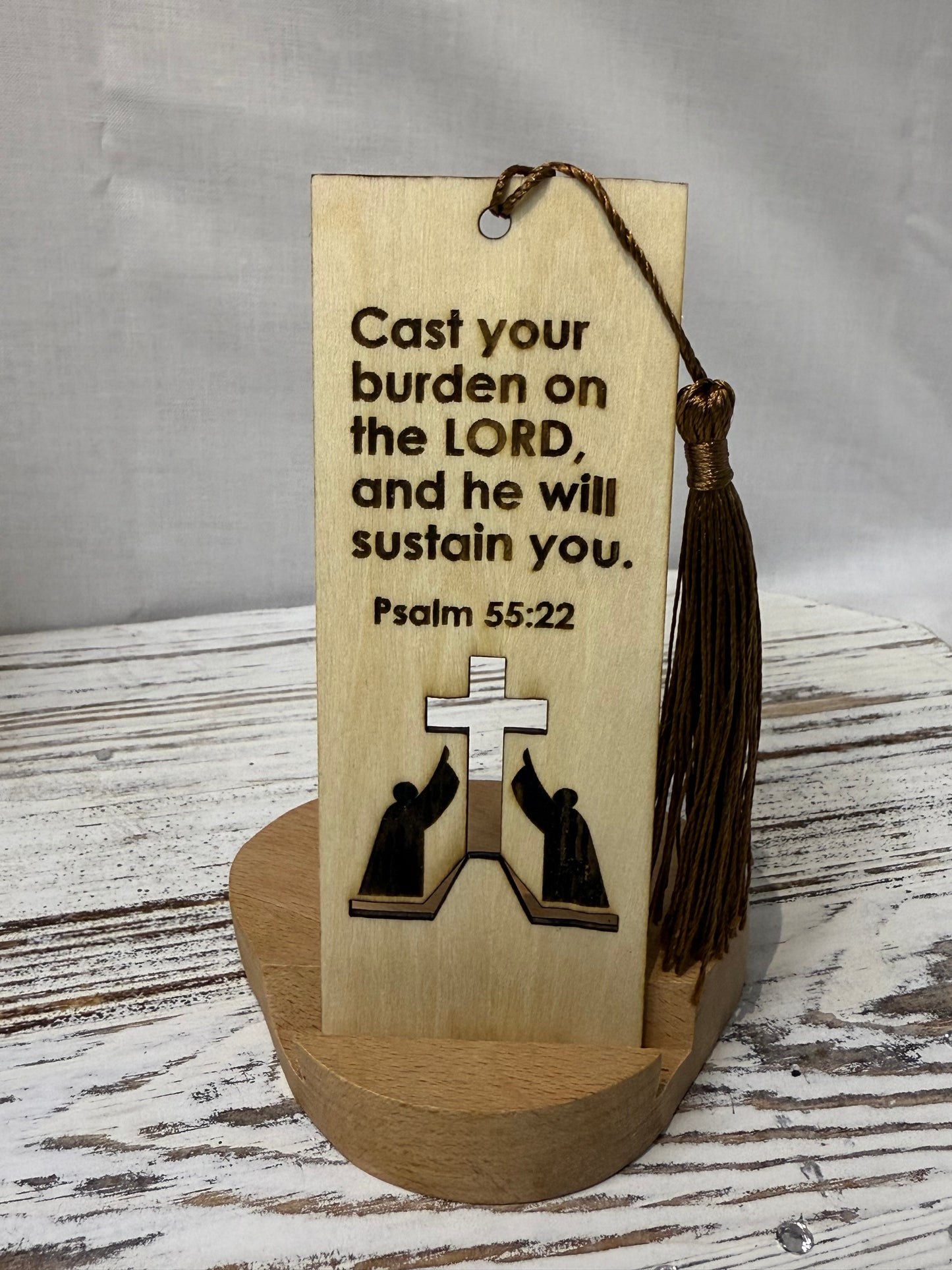 Psalm 55:22 - Laser Engraved Wood Bookmark