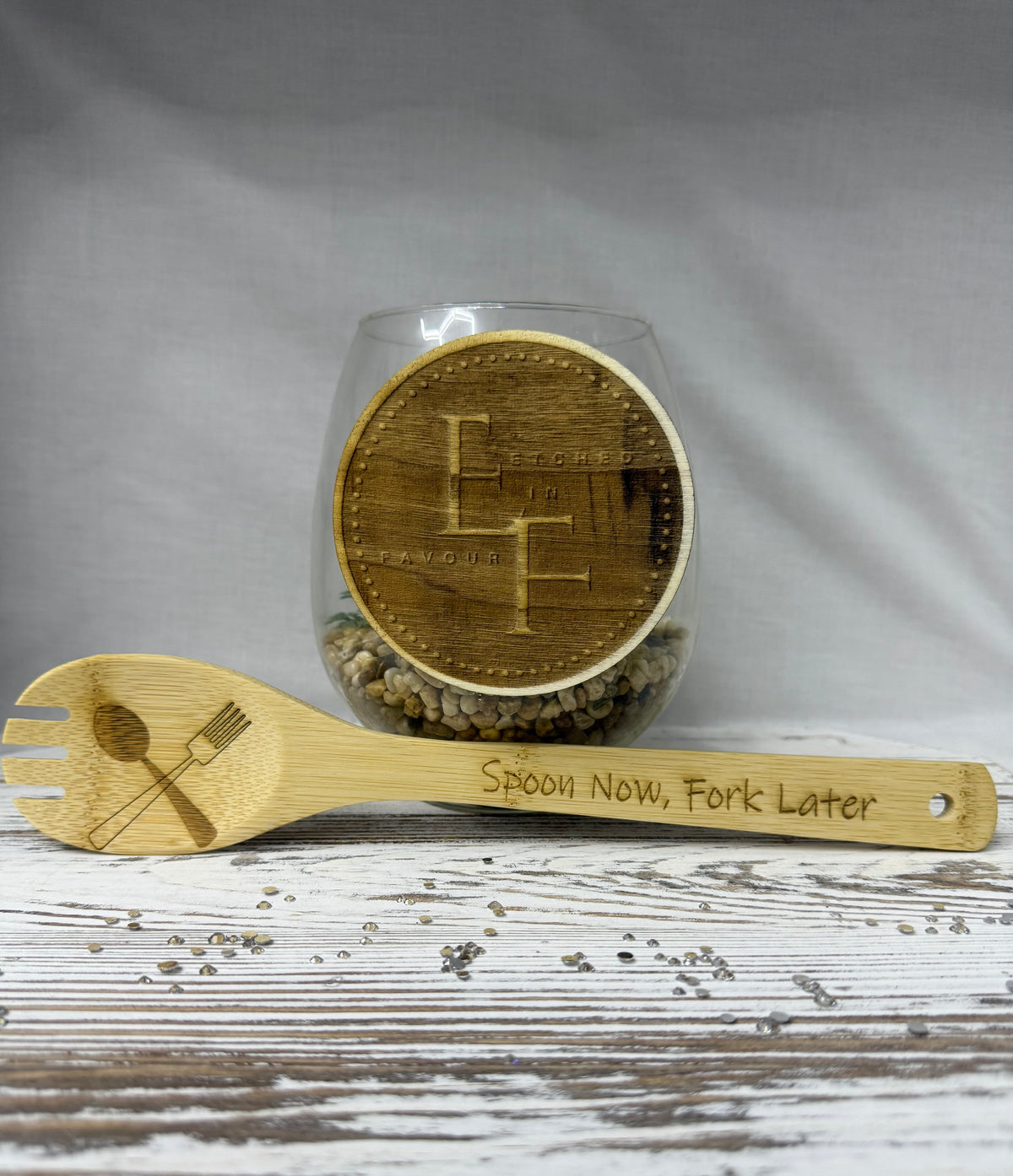 “Spoon Now, Fork Later” Laser Engraved Bamboo Kitchen Utensil