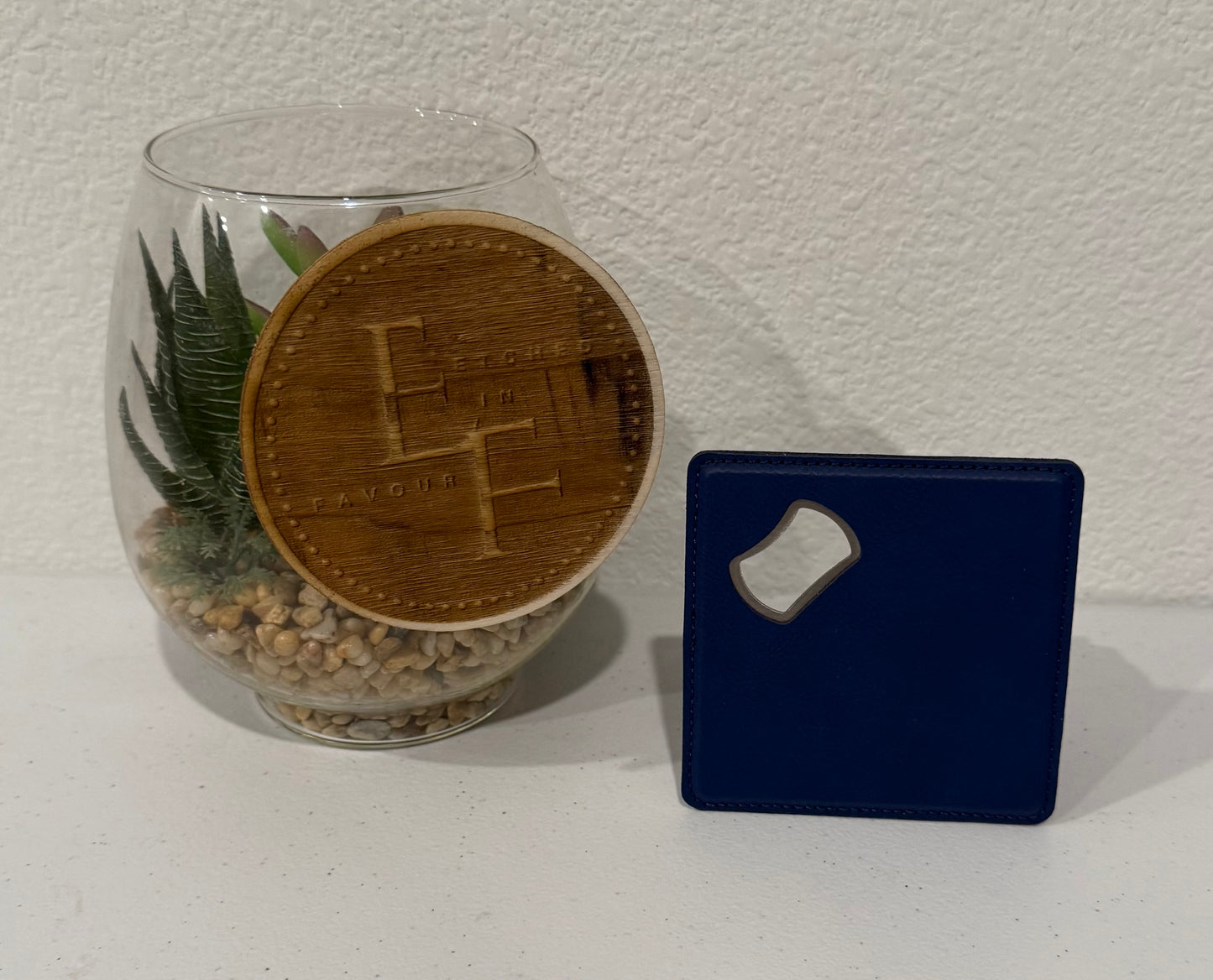 Custom Blue Leatherette Coaster/Bottle Opener