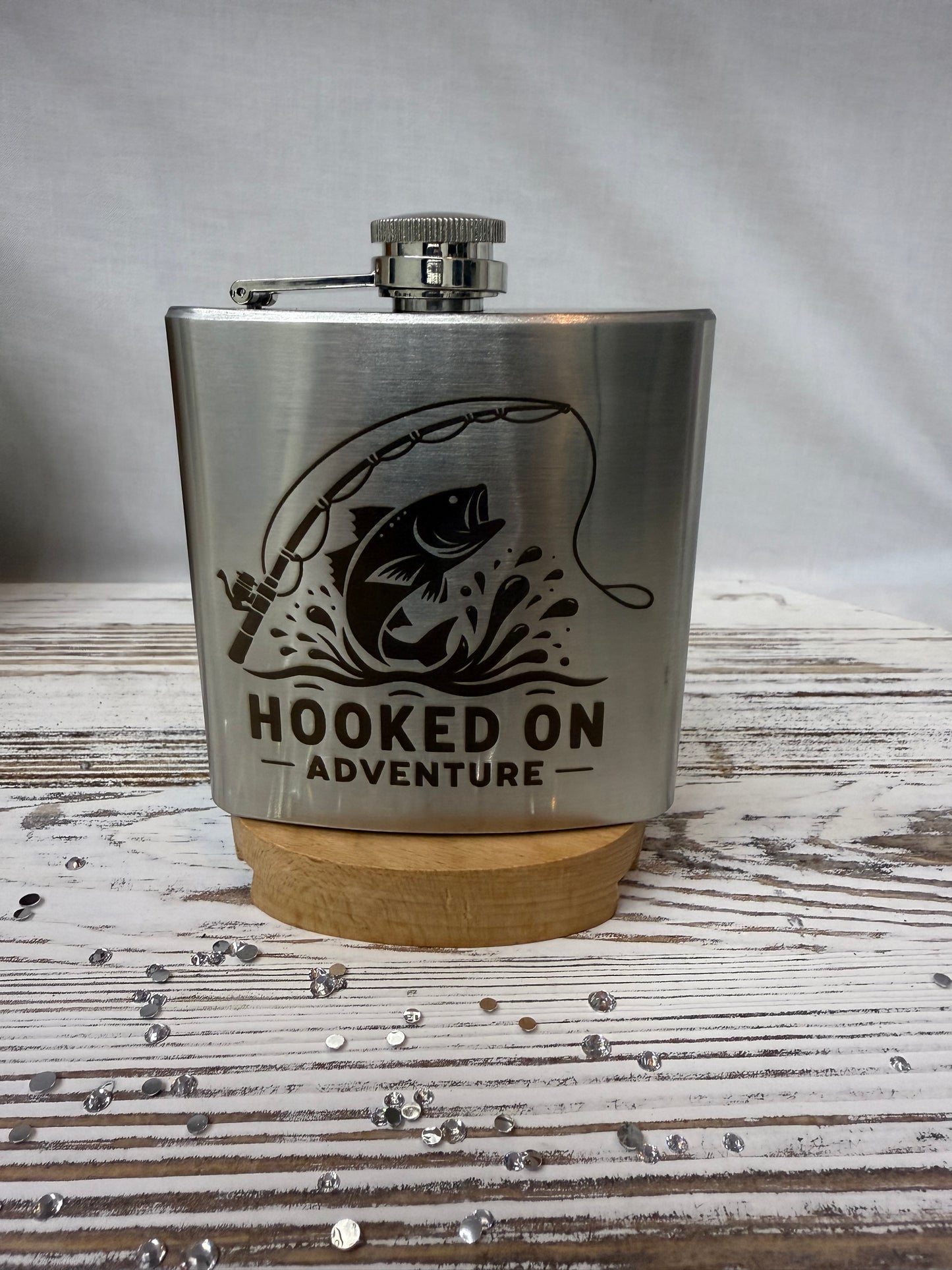 “Hooked on Adventure” Laser-Engraved Stainless Steel Flask
