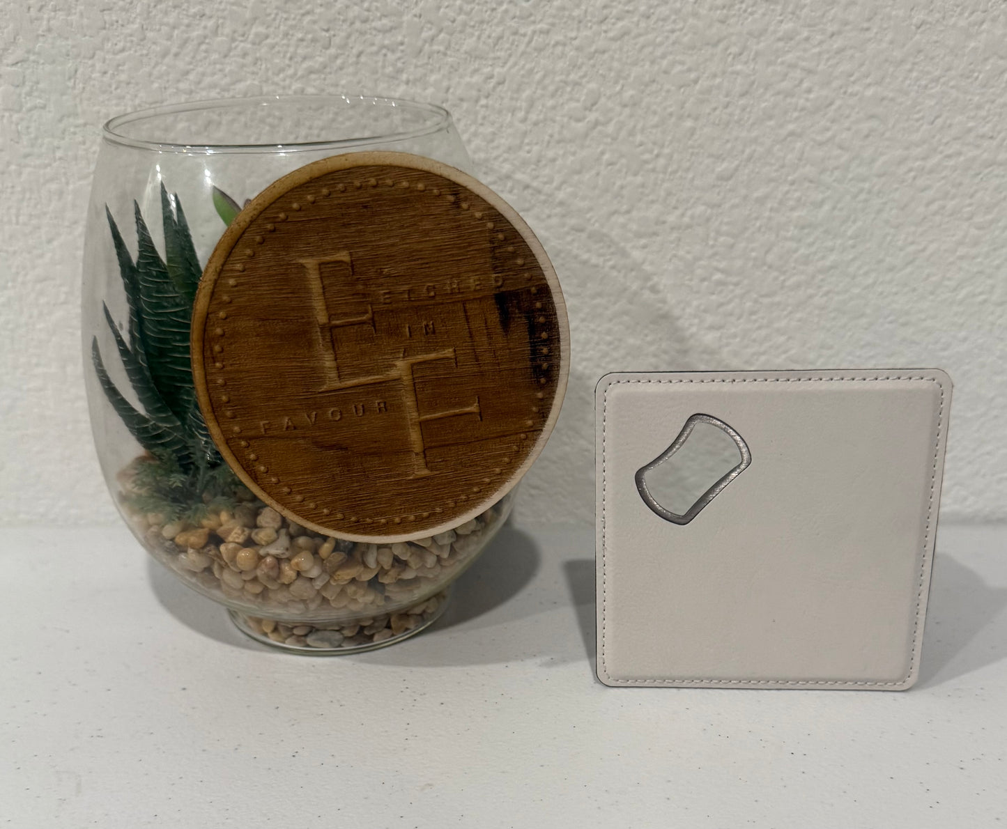 Custom White Leatherette Coaster/Bottle Opener