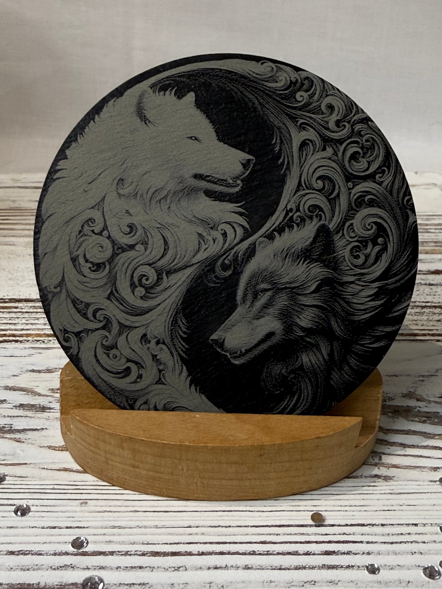 Yin Yang Wolves Laser Engraved Slate Coaster