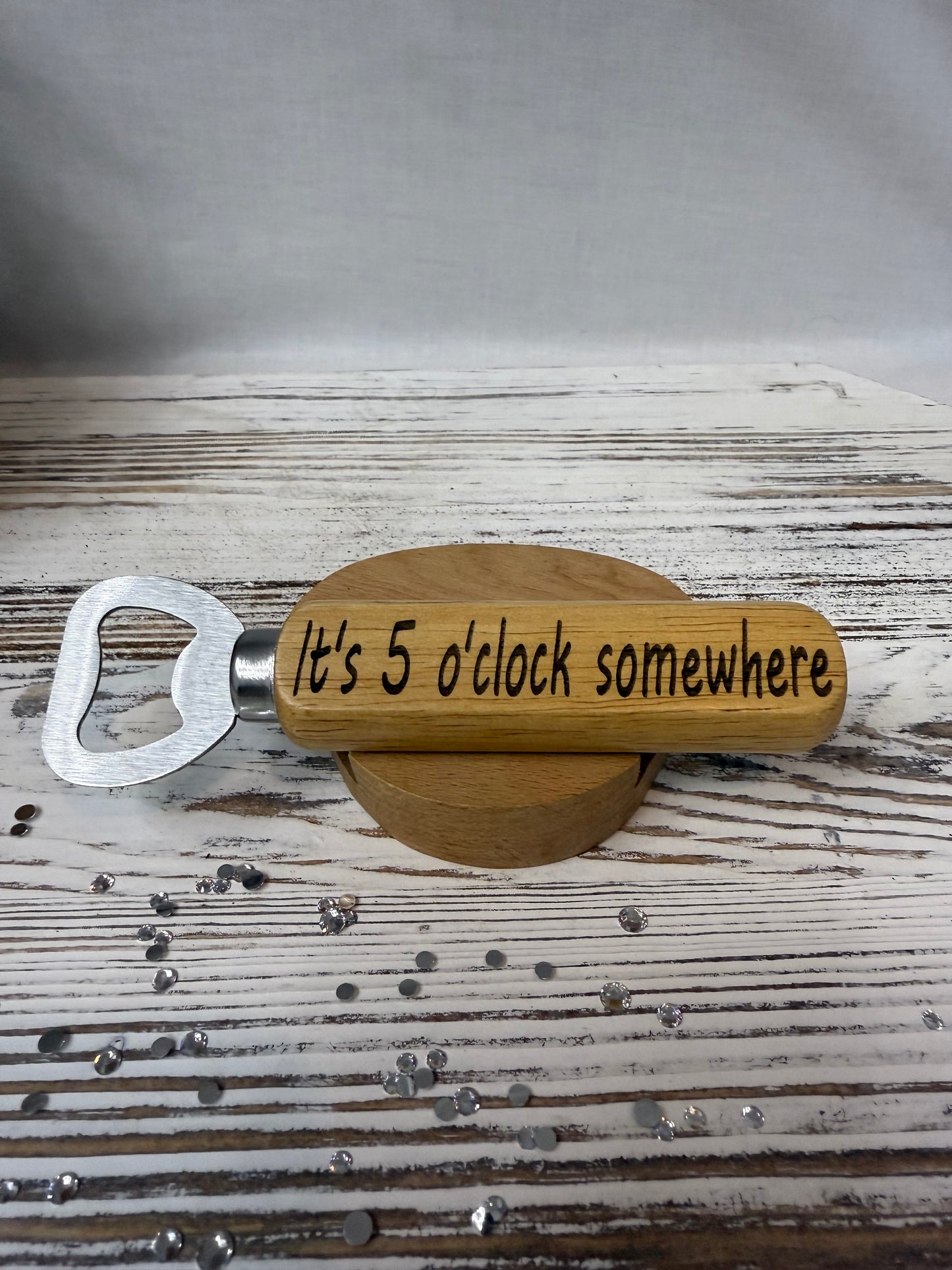 “It’s 5 O’Clock Somewhere” Laser Engraved Wooden Handle Bottle Opener