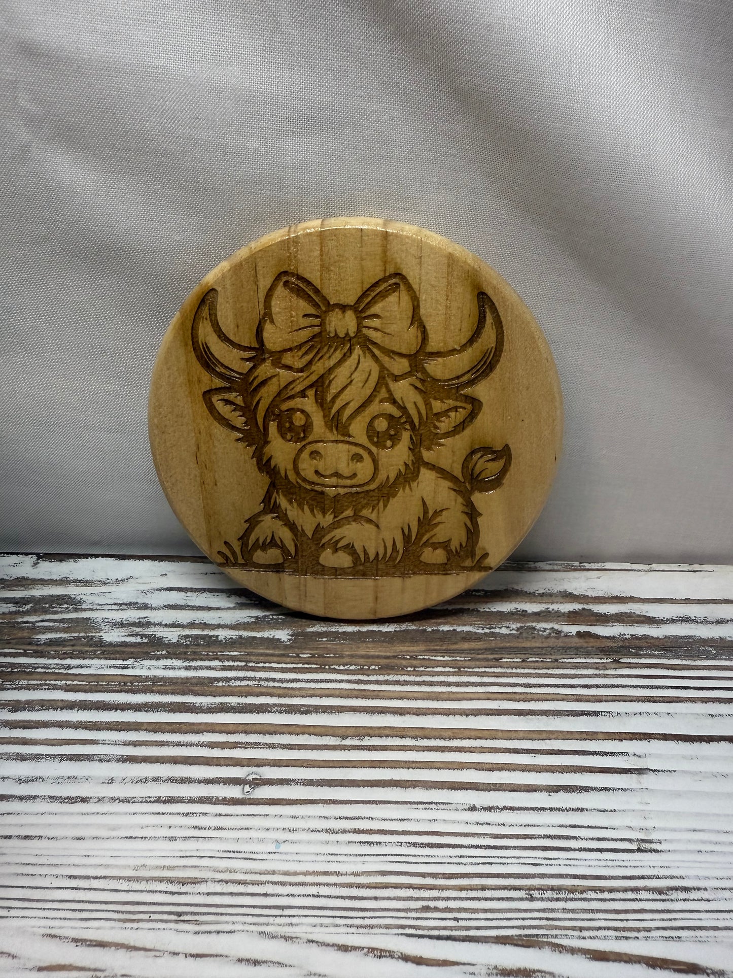 Highland Cow with Bow Laser Engraved Wood Coaster
