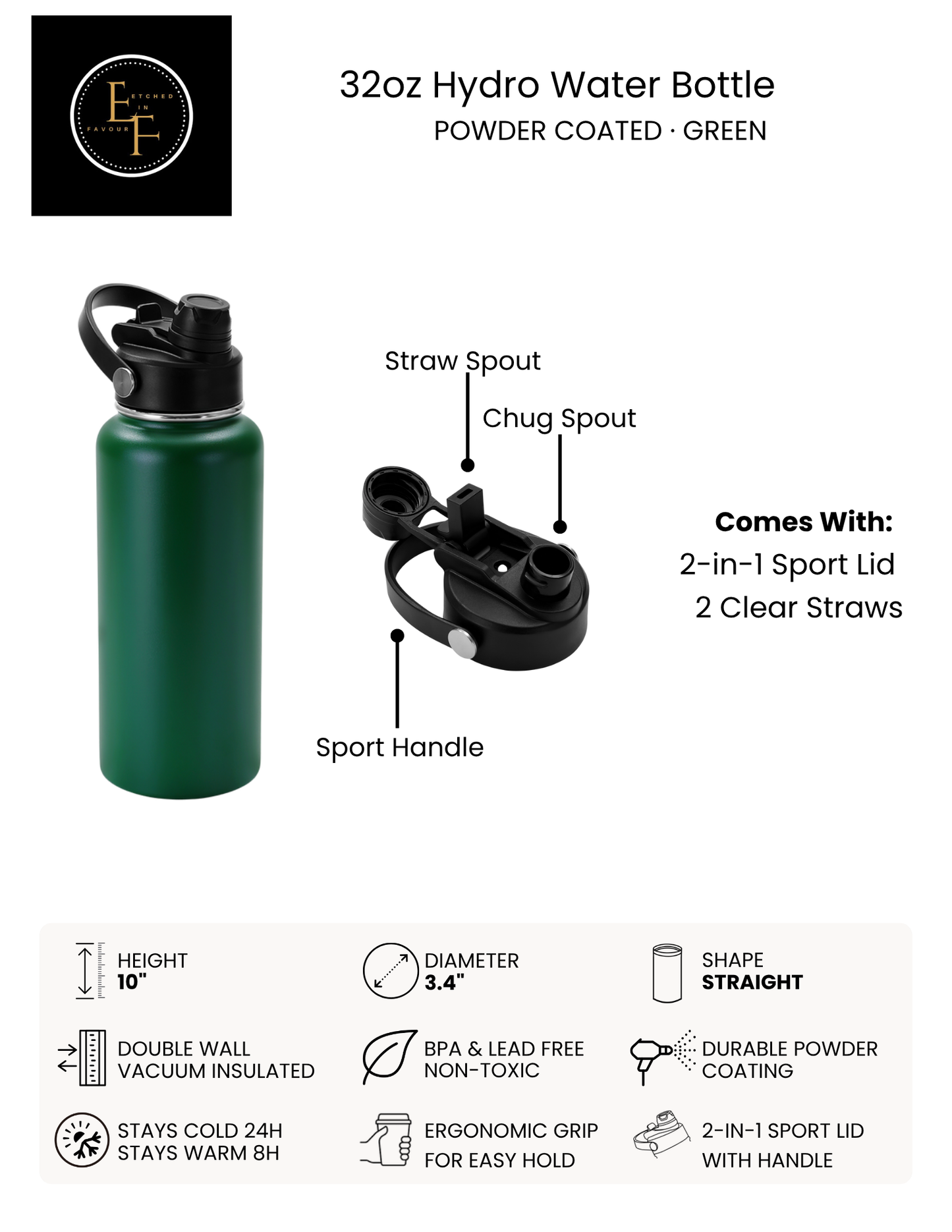 Green 32oz Hydro Water Bottle - Custom Laser Engraved