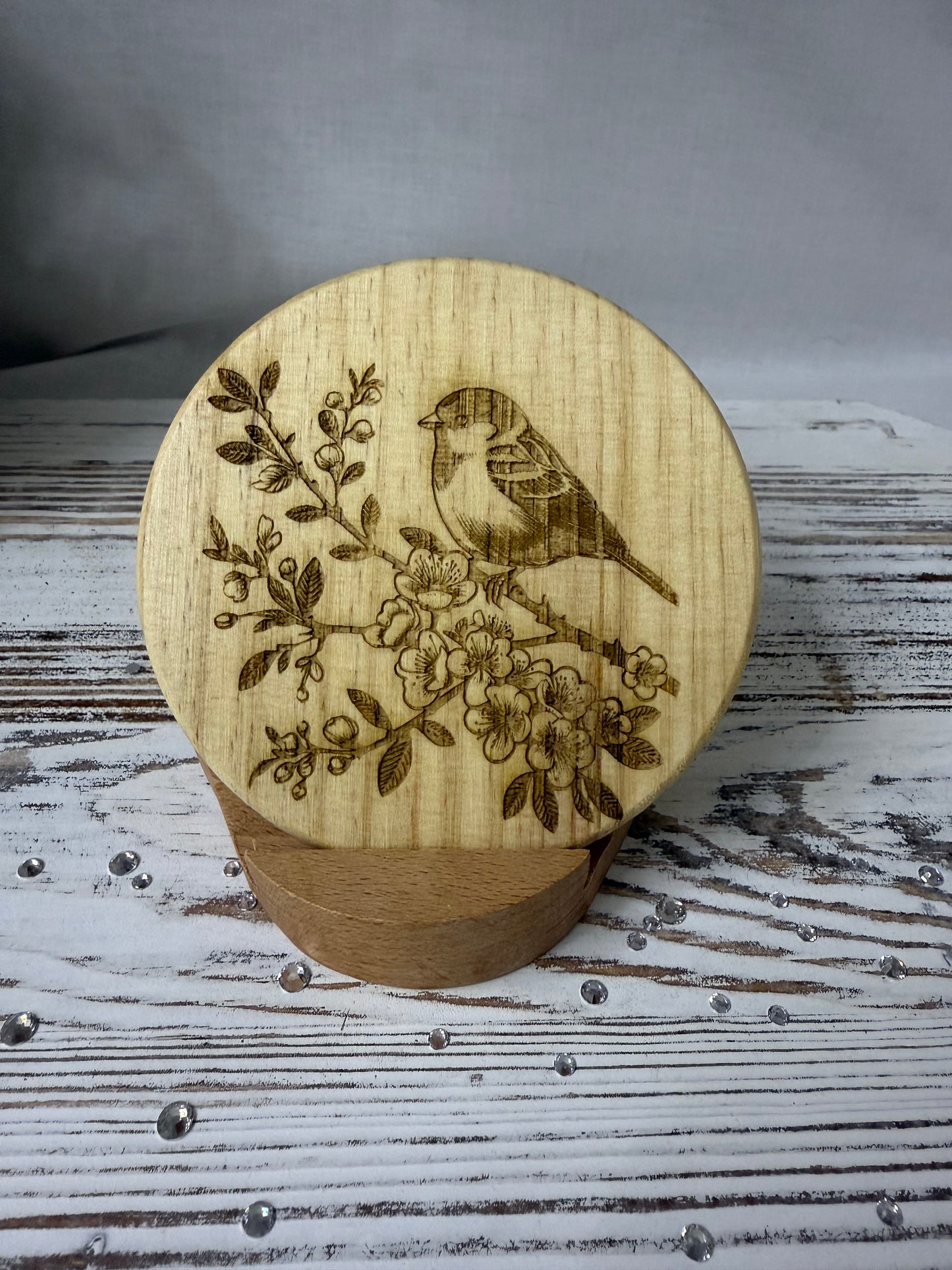 Songbird and Blossoms Laser Engraved Wood Coaster