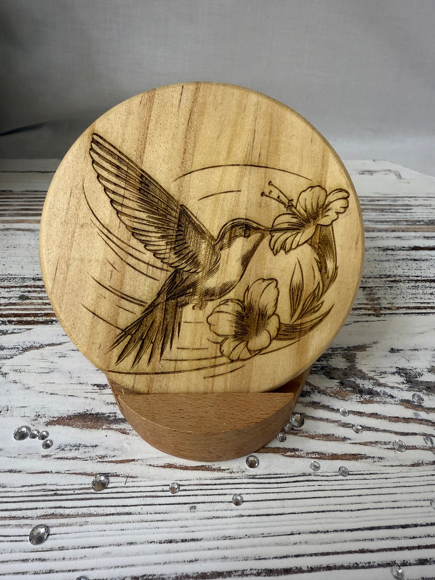 Hummingbird & Hibiscus Laser Engraved Wood Coaster