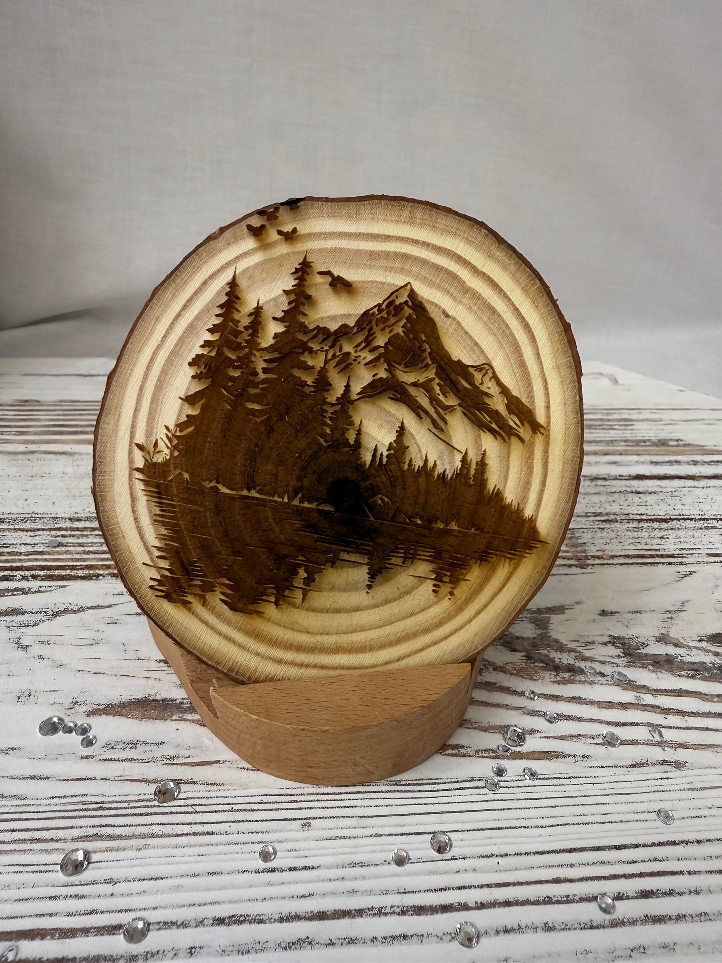 Mountain Forest Scene Laser Engraved Wood Decor