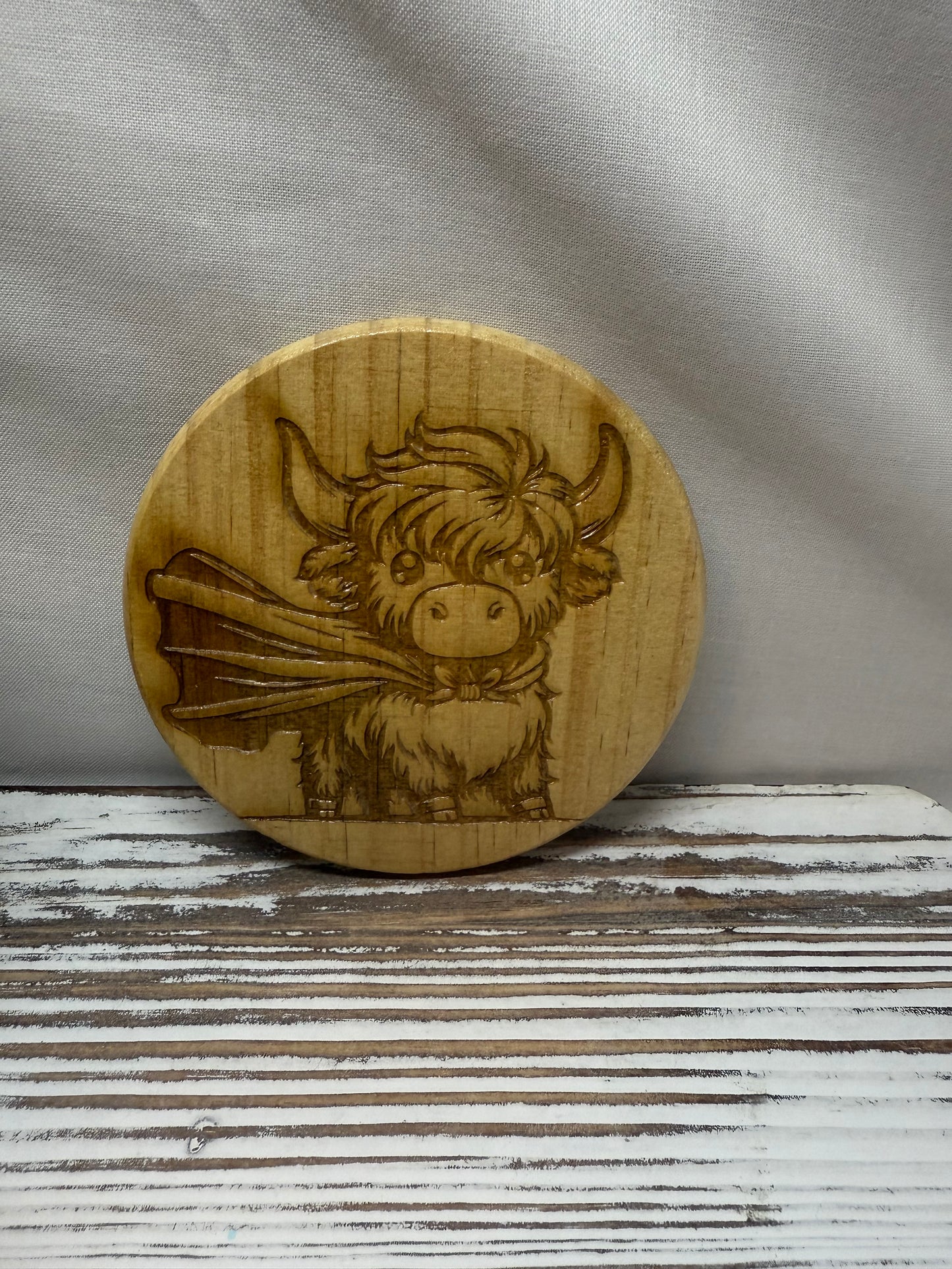 Highland Cow with Cape Laser Engraved Wood Coaster