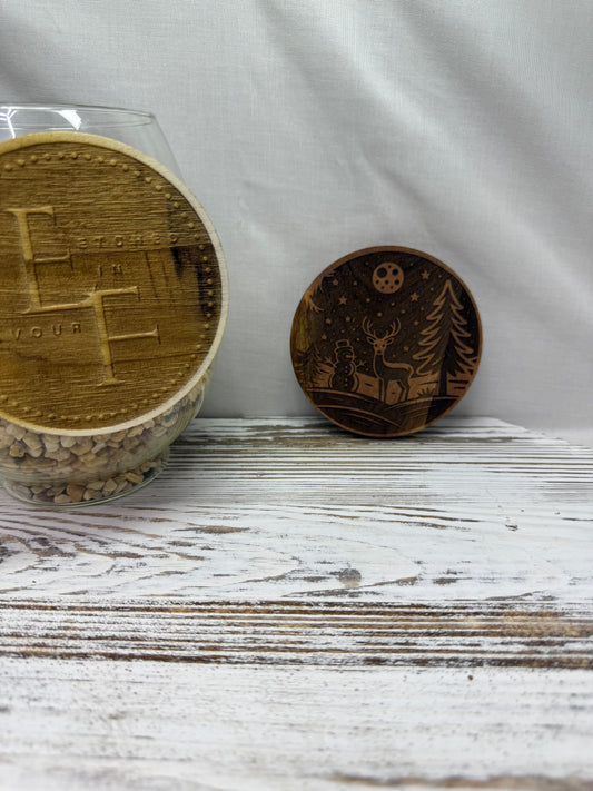 Snowman and Deer Acacia Wood Coaster