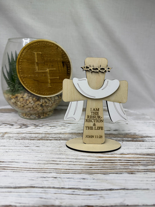 Resurrection Cross Wooden Display – John 11:25