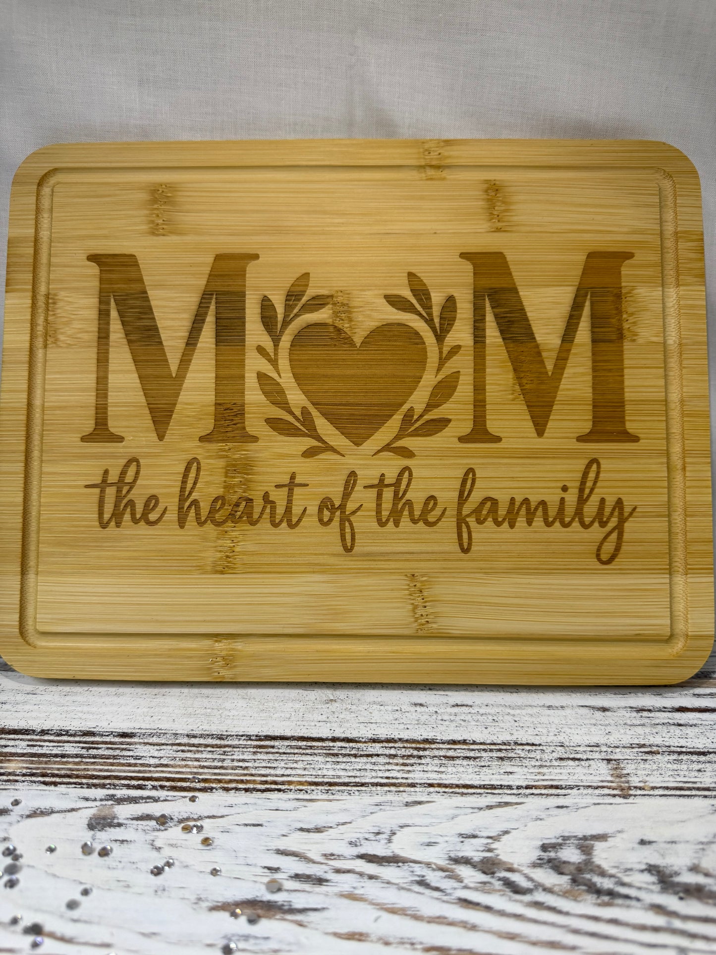 Mom - The Heart of the Family Laser Engraved Bamboo Cutting Board