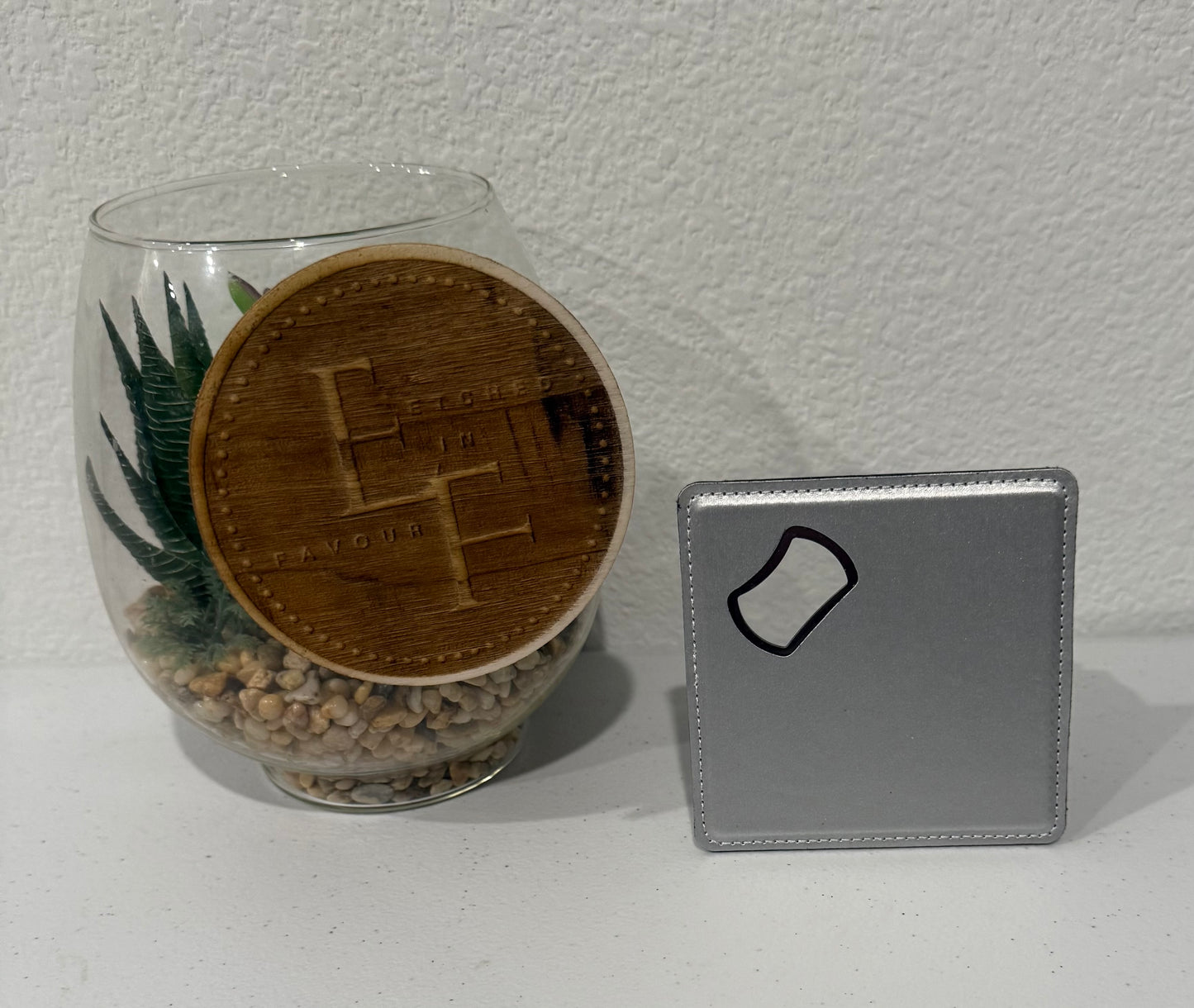Custom Brushed Silver Leatherette Coaster/Bottle Opener