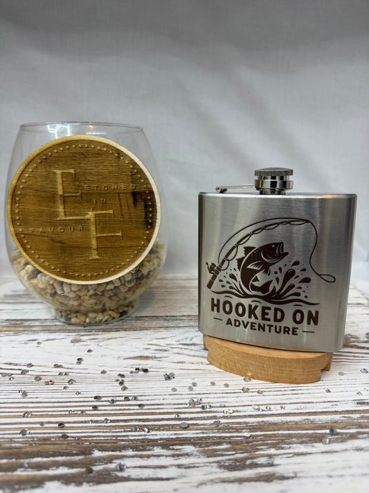“Hooked on Adventure” Laser-Engraved Stainless Steel Flask