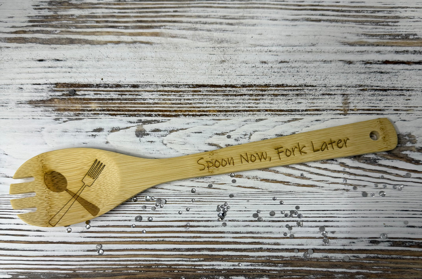 “Spoon Now, Fork Later” Laser Engraved Bamboo Kitchen Utensil