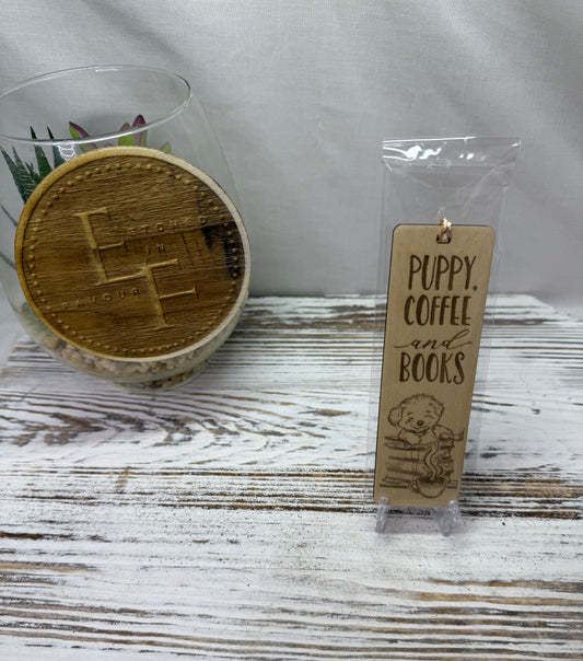 Puppy, Coffee and Books Bookmark - Laser Engraved