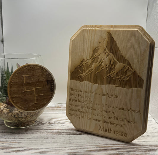 “Faith Can Move Mountains” Laser-Engraved Wood Plaque – Matthew 17:20