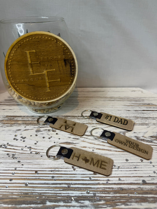 Laser Engraved Wood Keychains - Leather Accent