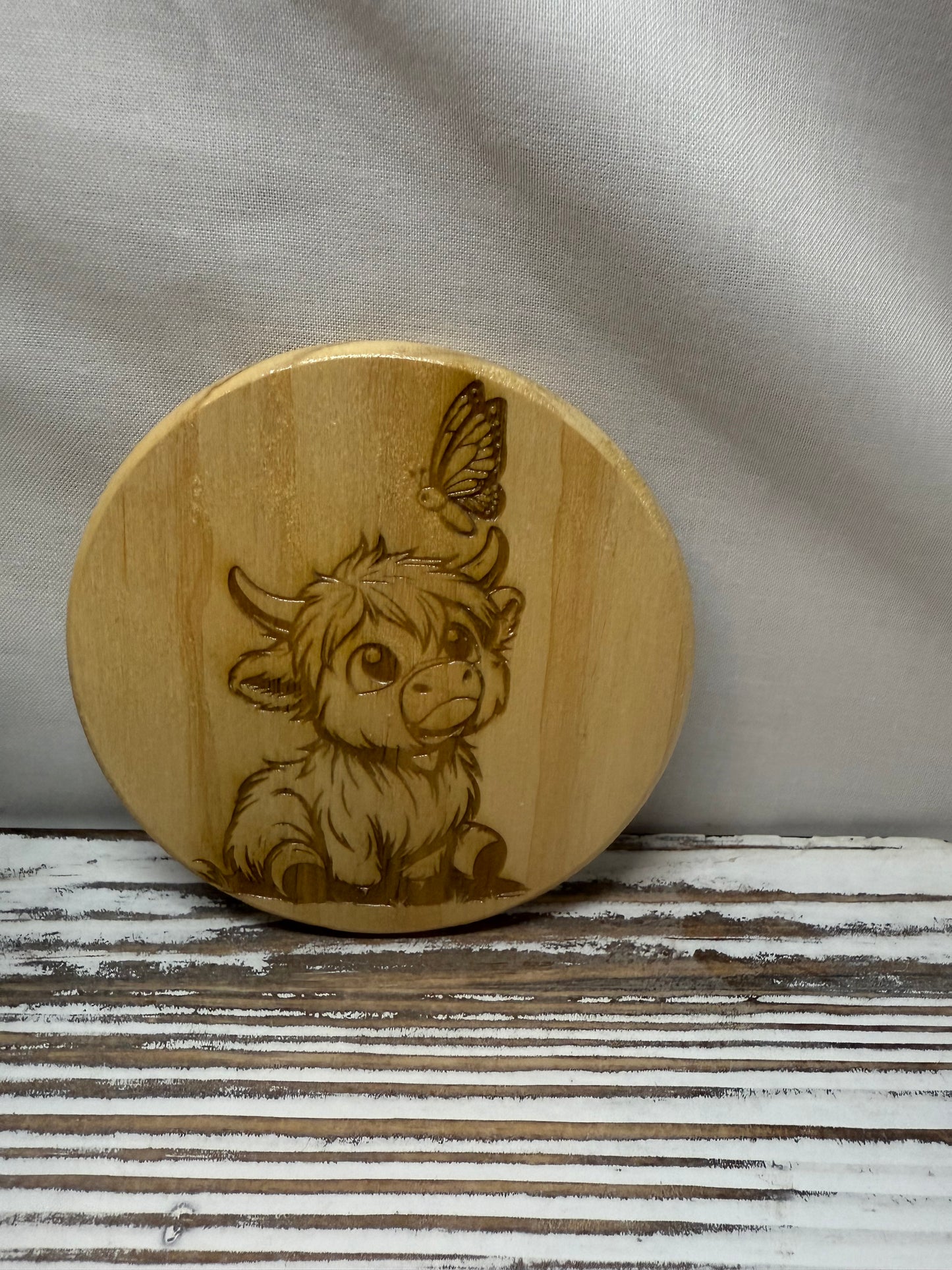 Highland Cow with Butterfly Laser Engraved Wood Coaster