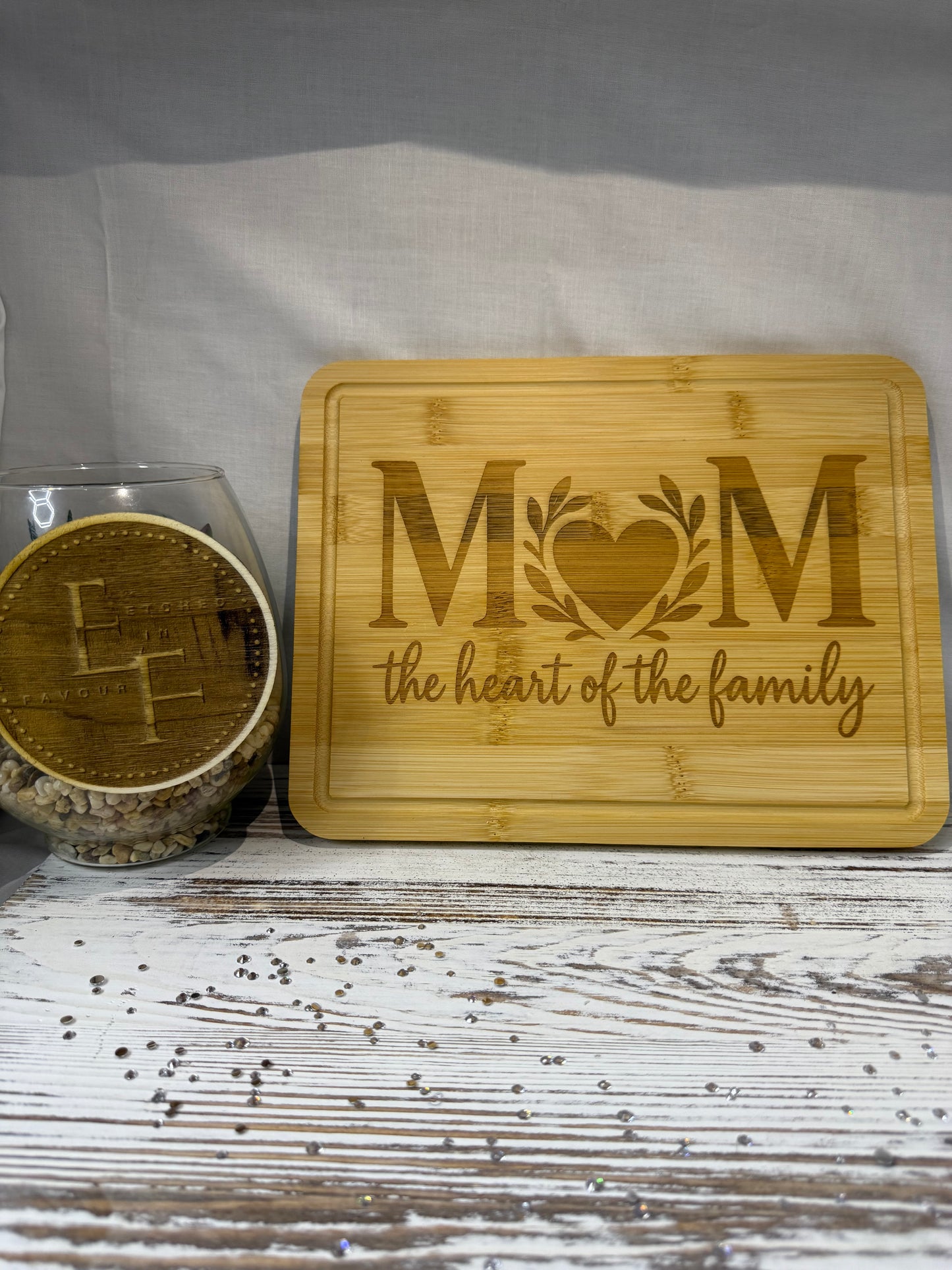 Mom - The Heart of the Family Laser Engraved Bamboo Cutting Board