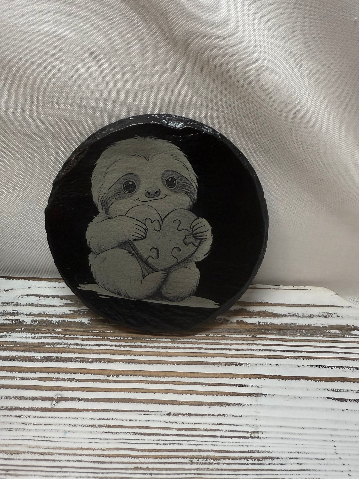 Sloth with Heart Laser Engraved Slate Coaster