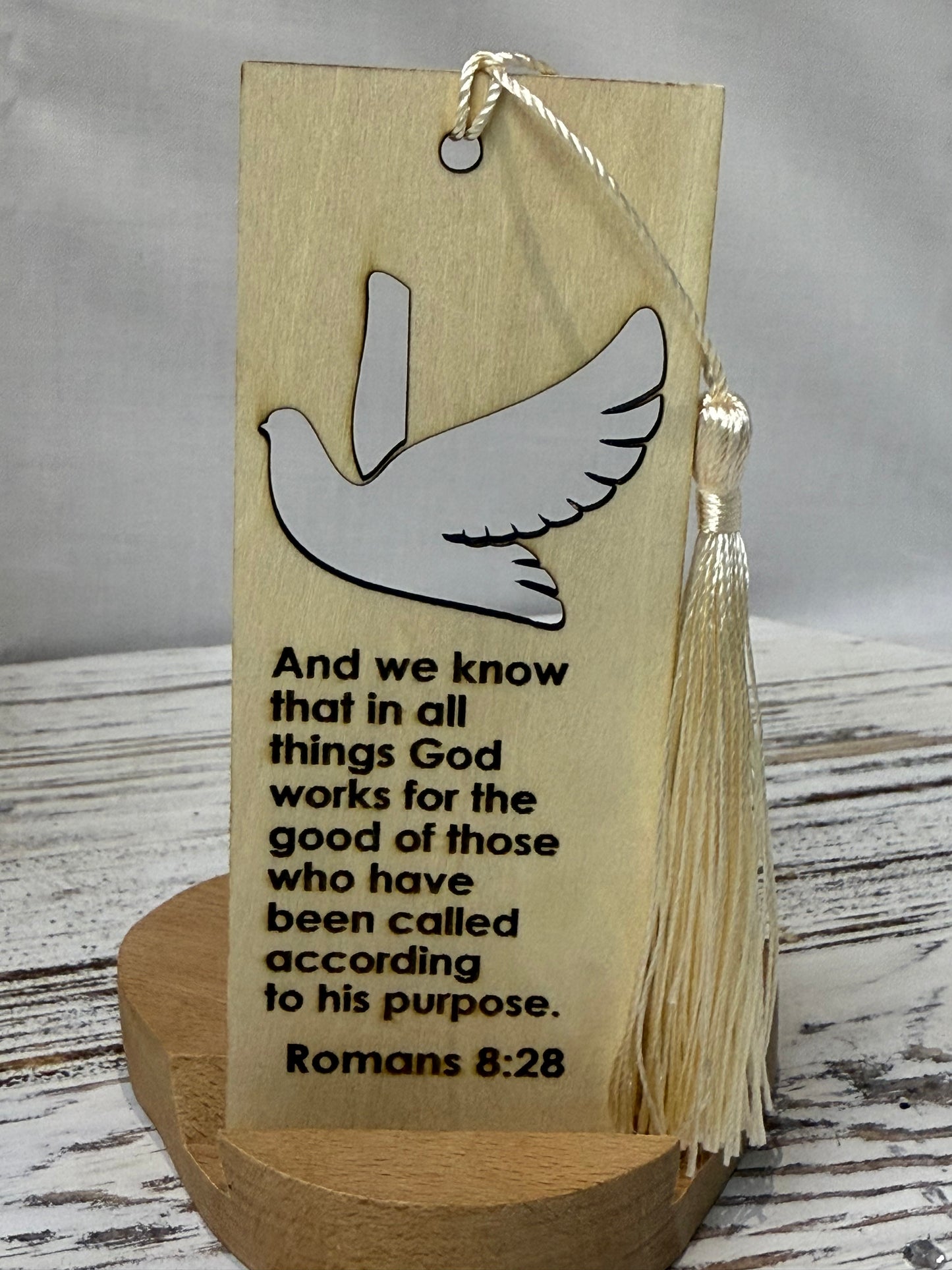 Romans 8:28 - Laser Engraved Wood Bookmark