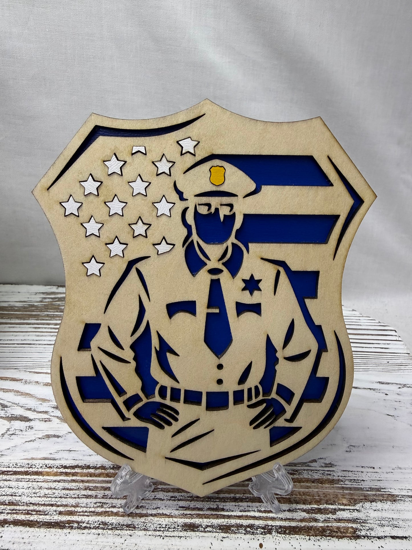 Blue Line Police Badge Multilayer Wood Decor