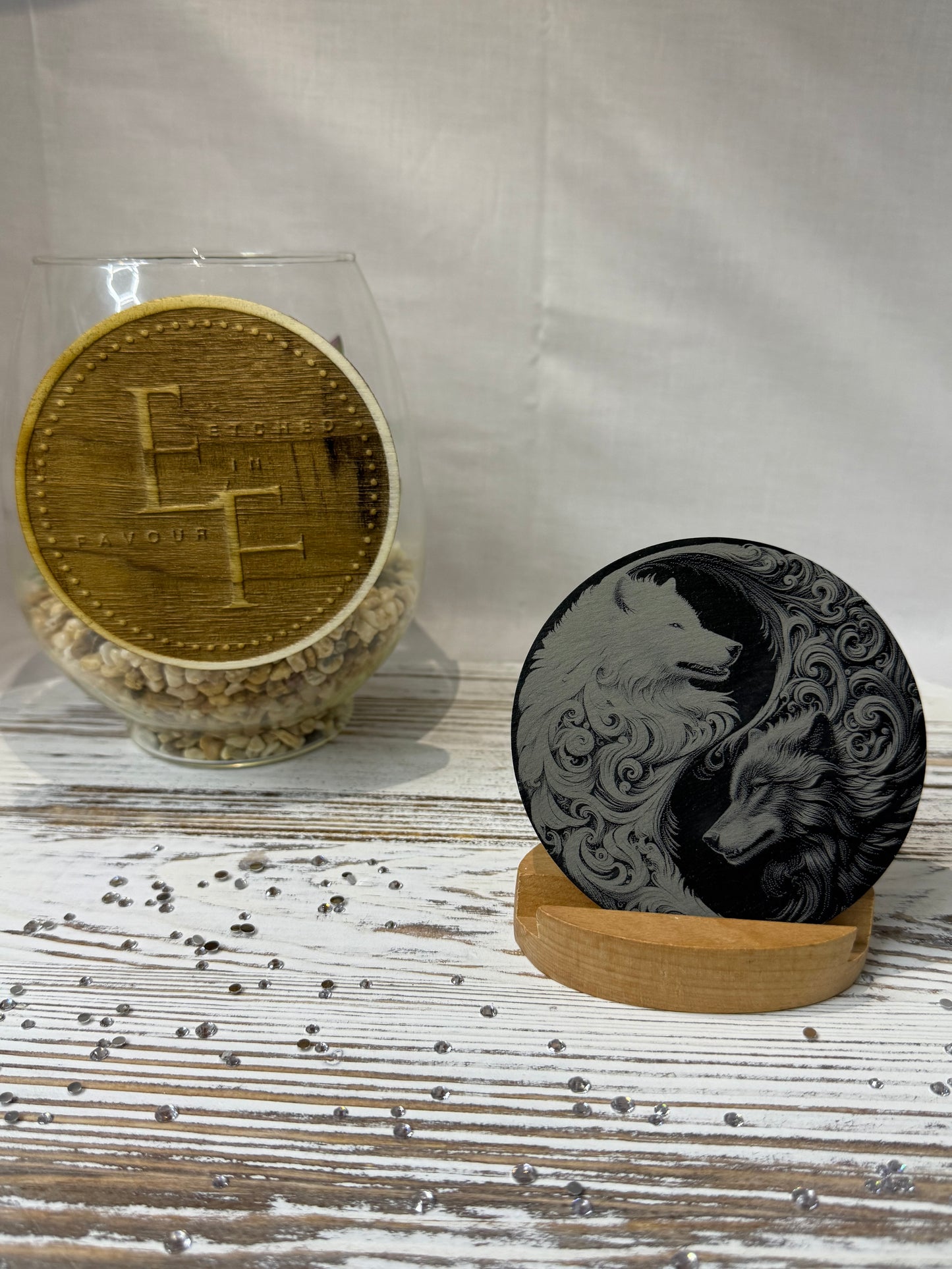 Yin Yang Wolves Laser Engraved Slate Coaster