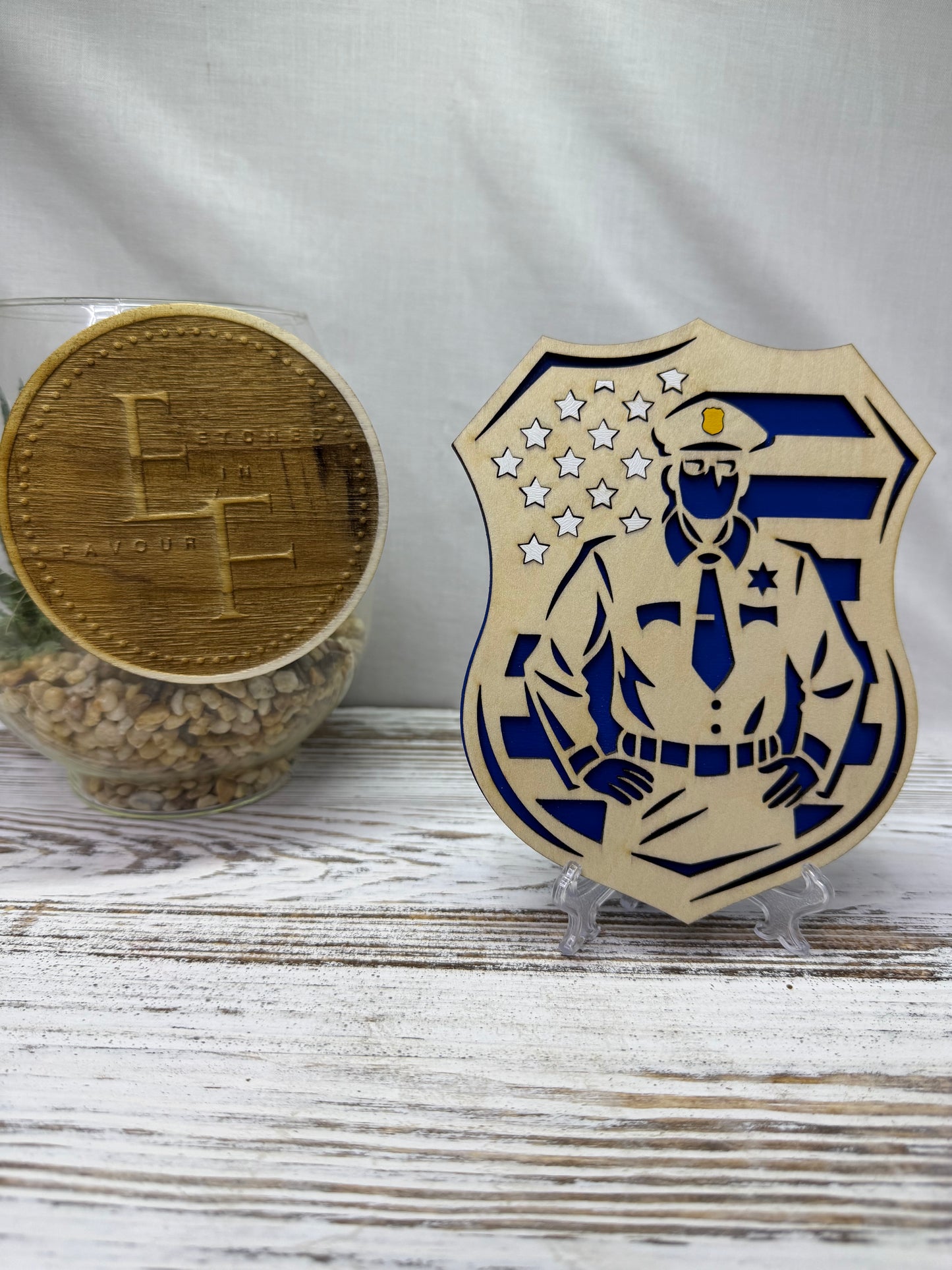 Blue Line Police Badge Multilayer Wood Decor