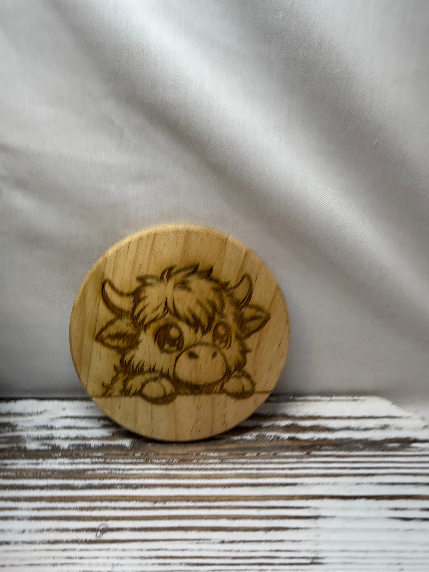 Highland Cow Peeking Laser Engraved Wood Coaster