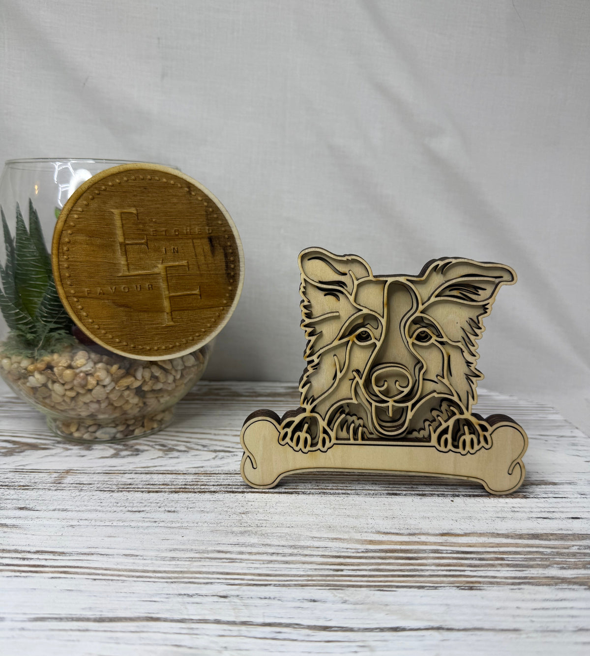 Custom multilayer wood laser cut Brittany with Name Plate in the shape of a bone from Etched in Favour