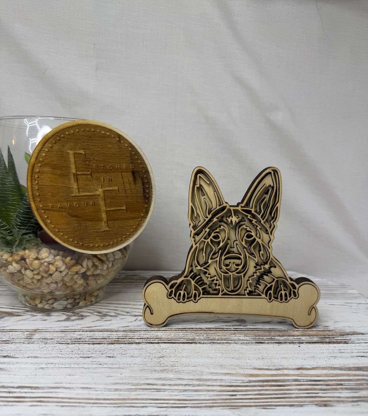 Custom multilayer wood laser cut German Shepard with Name Plate in the shape of a bone from Etched in Favour