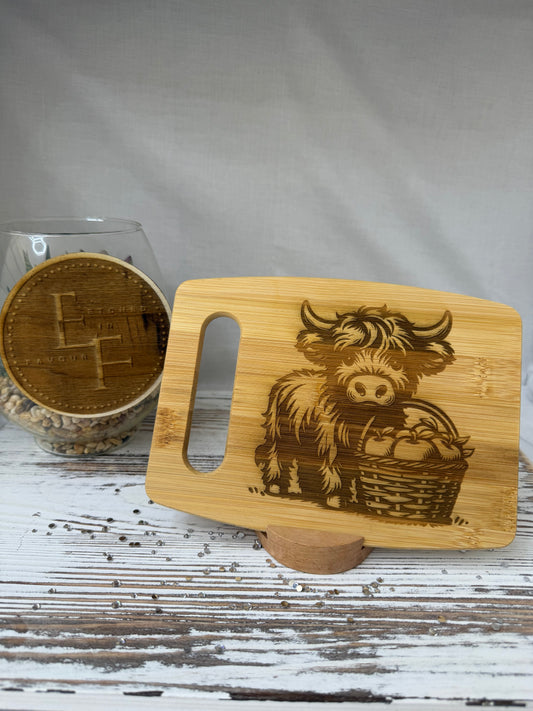 Highland Cow Mini Bamboo Cutting Board – Laser Engraved
