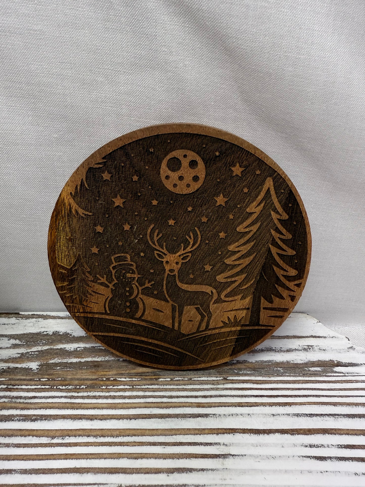 Snowman and Deer Acacia Wood Coaster