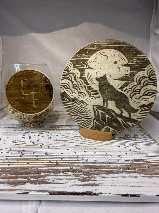 Wolf Moon Scene – Laser Engraved Round Wood
