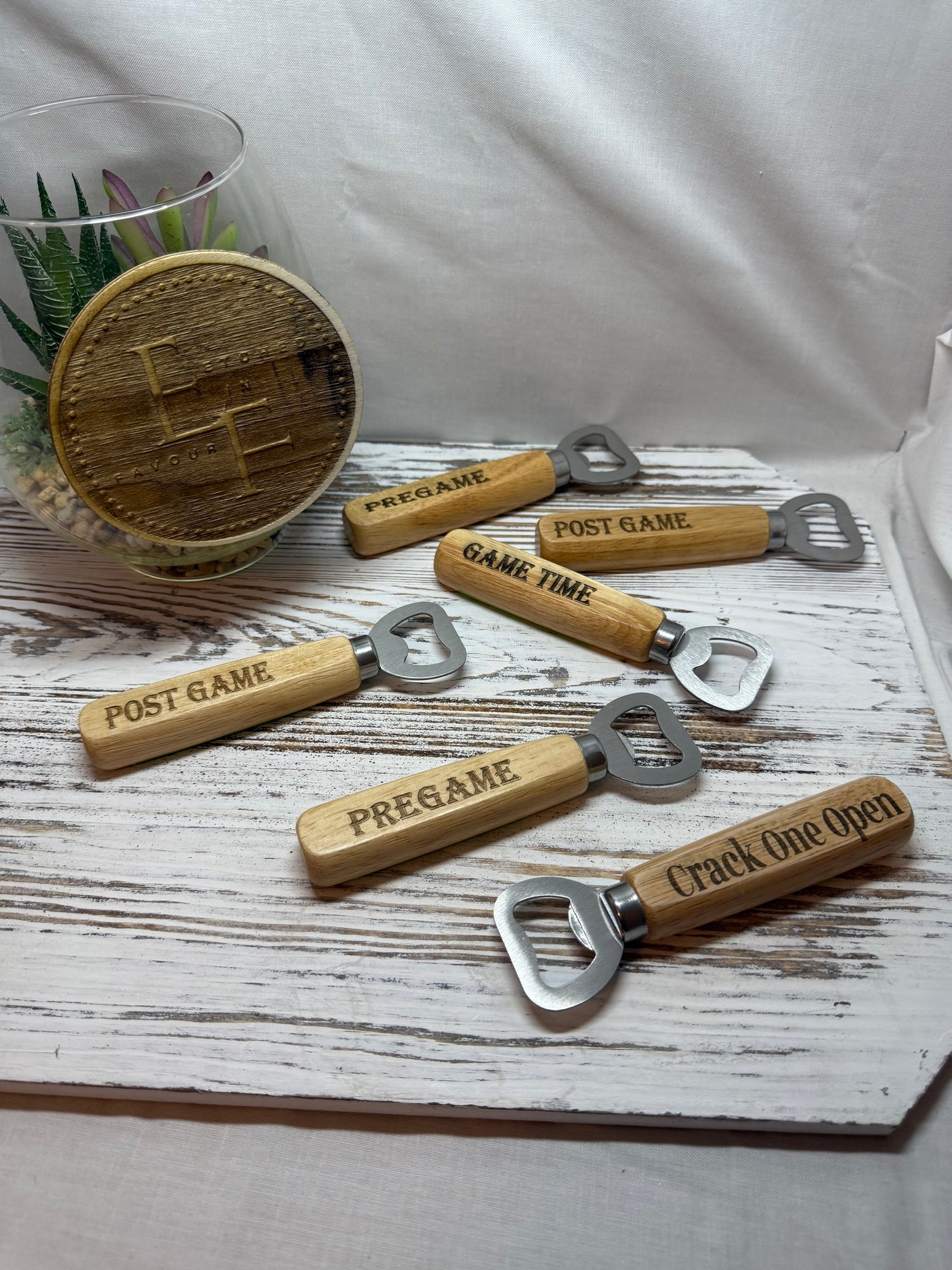 Laser Engraved Wooden Handle Bottle Openers with Sayings