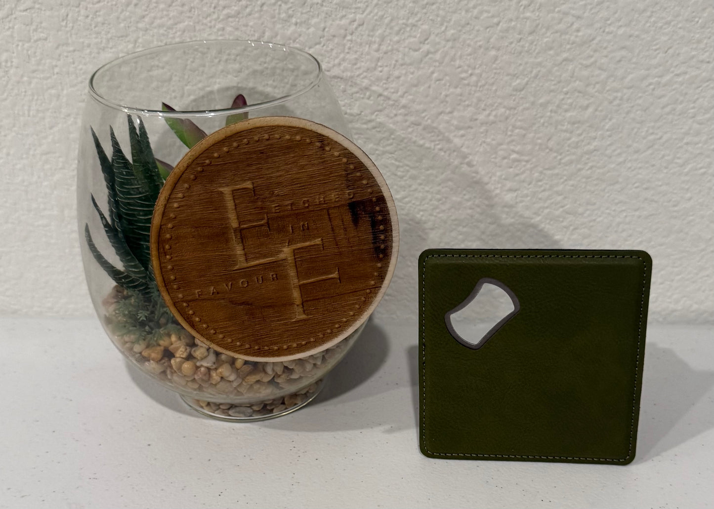 Custom Olive Green Leatherette Coaster/Bottle Opener