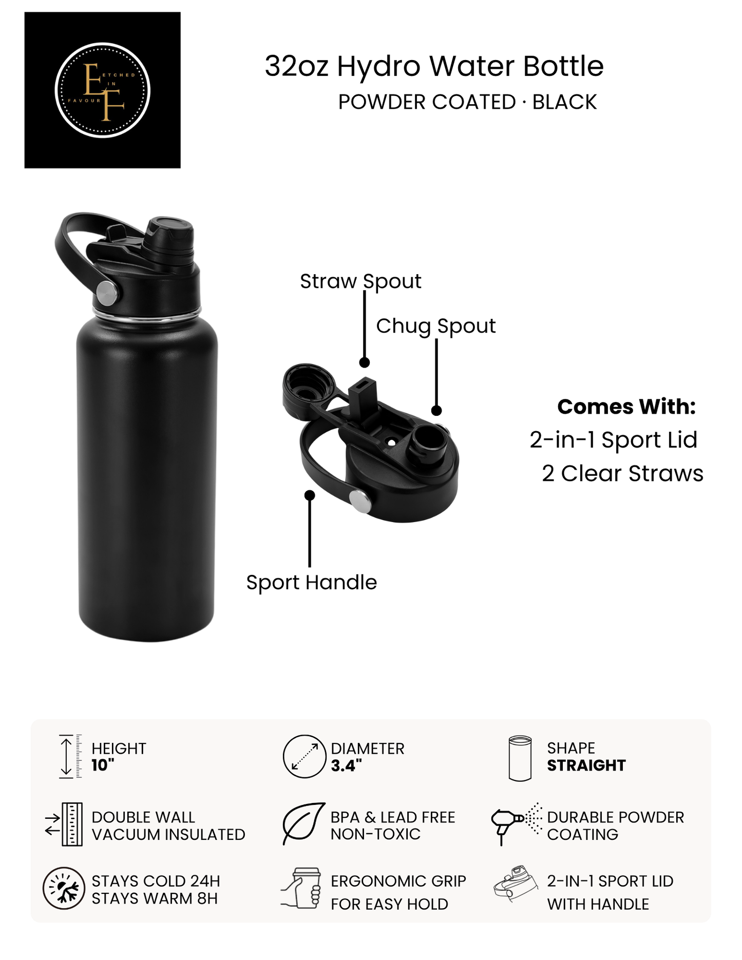 Black 32oz Hydro Water Bottle - Custom Laser Engraved