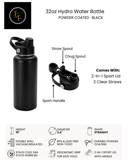 Black 32oz Hydro Water Bottle - Custom Laser Engraved