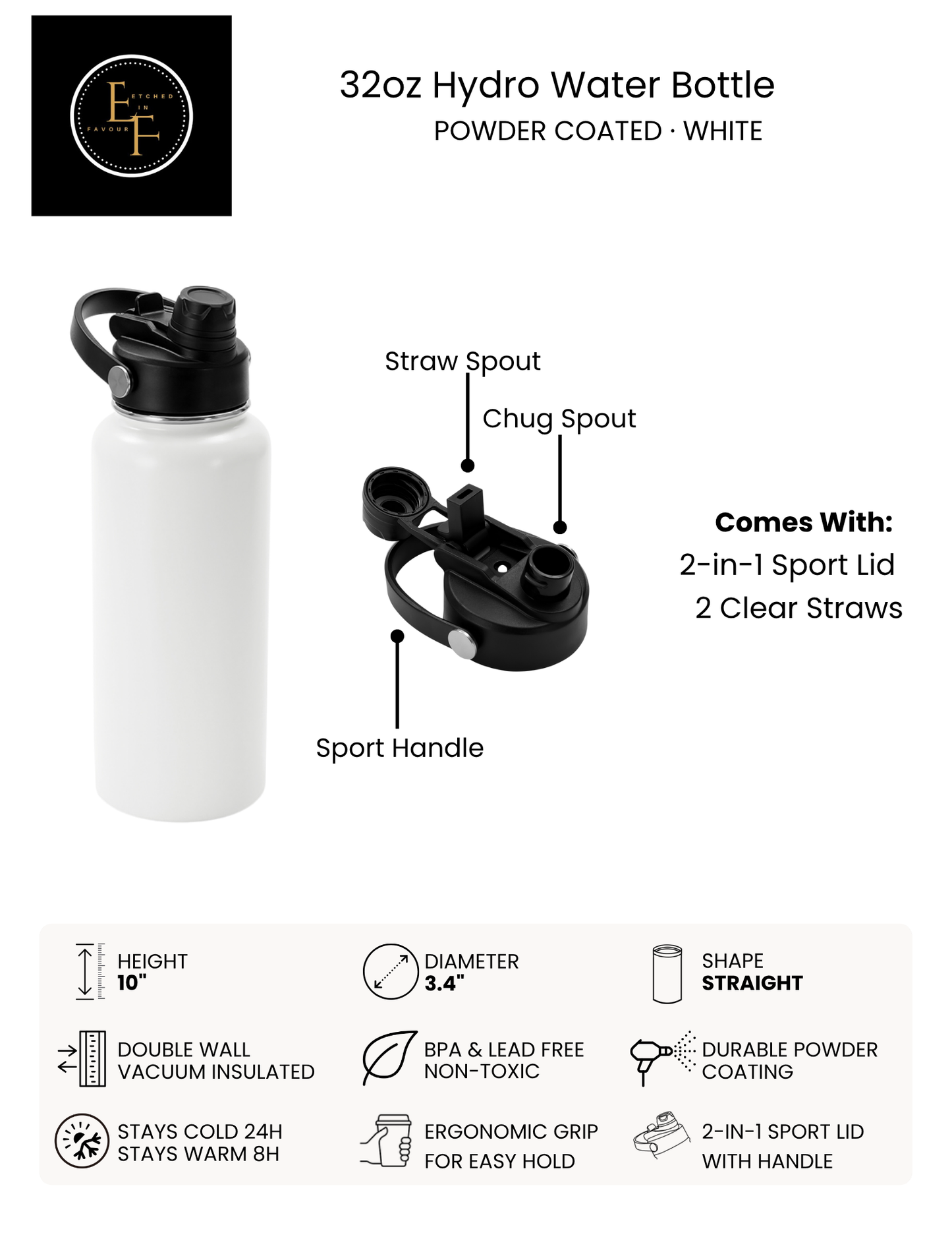 White 32oz Hydro Water Bottle - Custom Laser Engraved